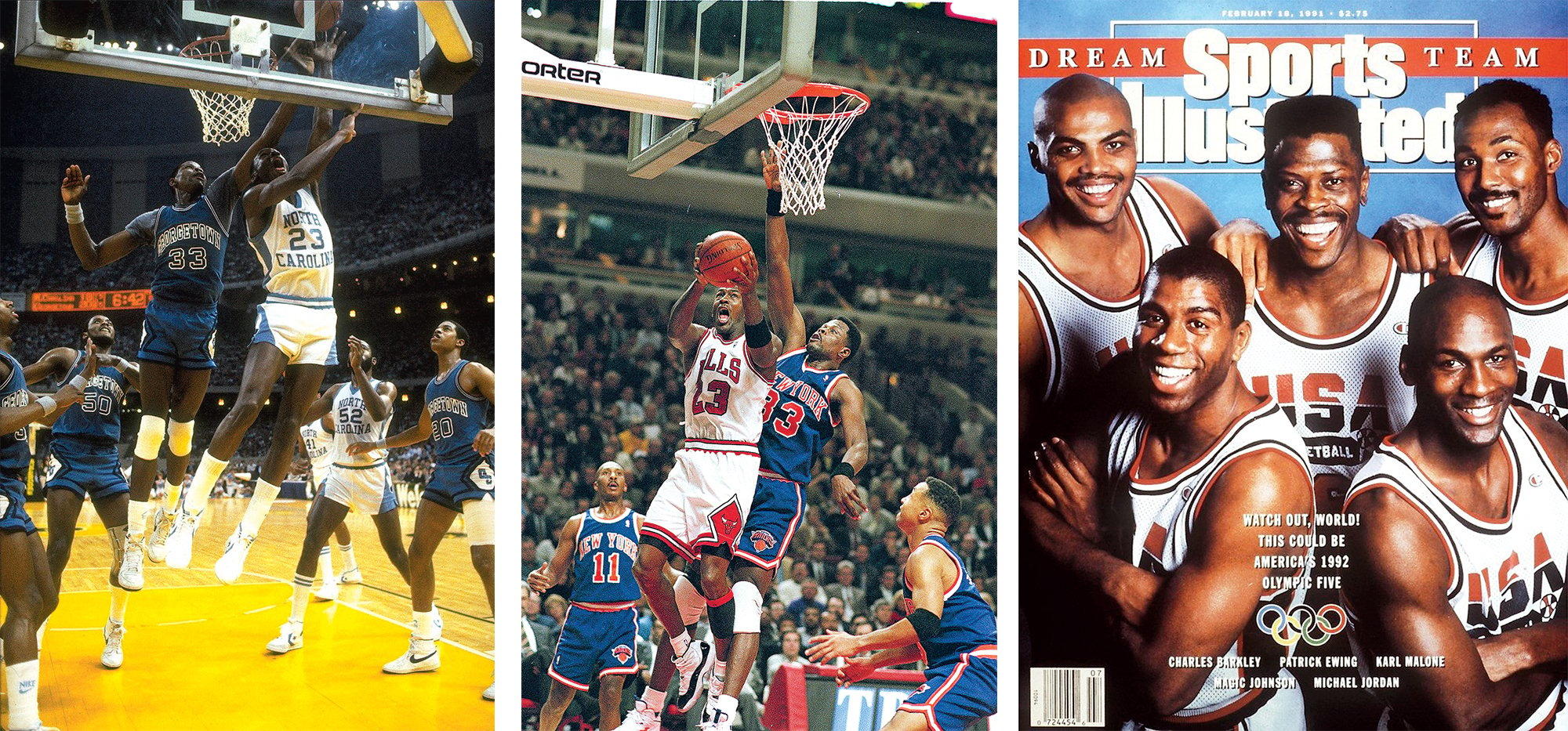 Ewing and Michael Jordan were college foes, rivals in the NBA, and starters on 1992’s Dream Team. Images from left: Photograph by Heinz Kluetmeier/Sports Illustrated/Getty Images; Photograph by Jonathan Daniel/Getty Images; Photograph by Theo Westenberger/ Sports Illustrated/Getty Images.