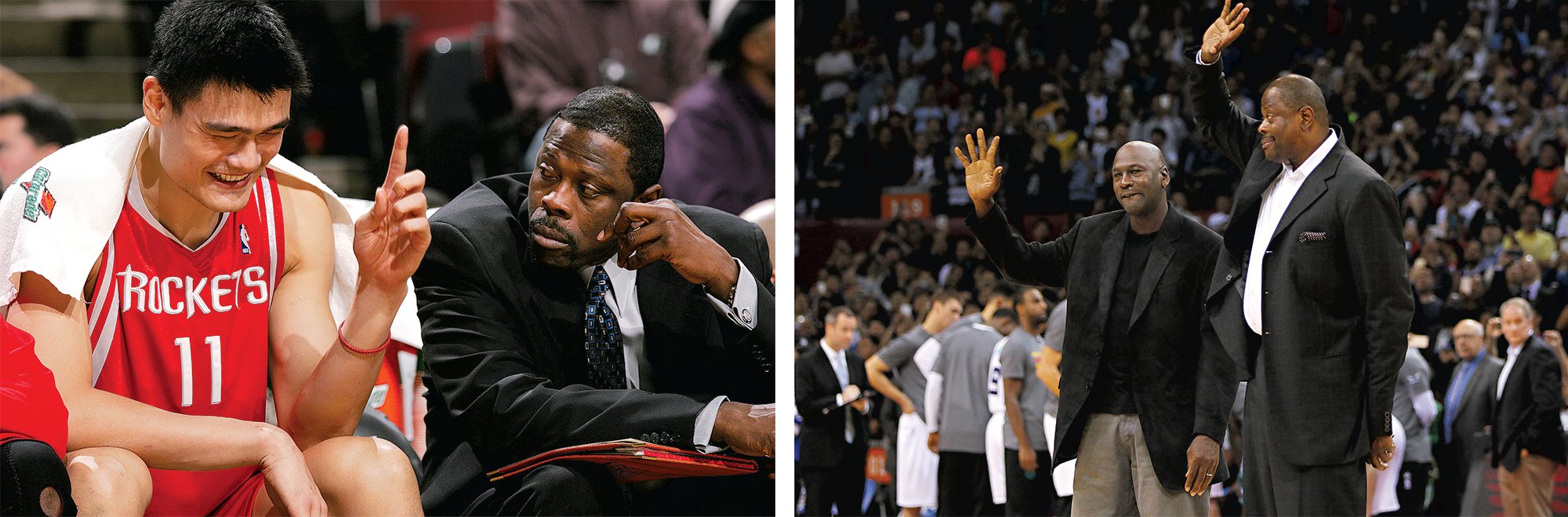 Left, Ewing as an assistant with the Houston Rockets, offering advice to Yao Ming. Photograph by Jonathan Daniel/Getty Images. Right, with Jordan at the 2015 NBA Global Games in China. Photograph by Zhong Zhi/Getty Images.