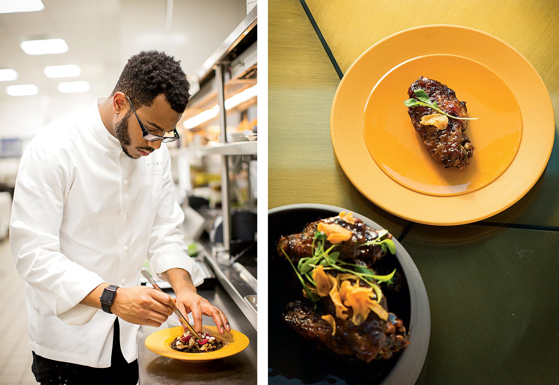 Left, chef Kwame Onwuachi in the Kith and Kin kitchen. Right, Onwuachi's smoked chicken wings with tamarind.