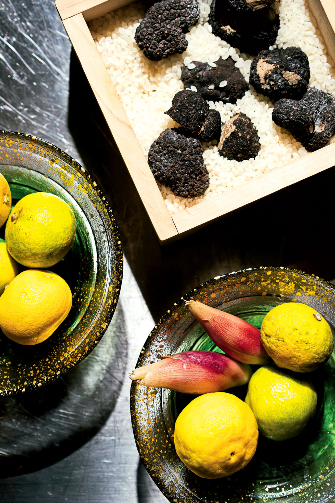 The Tjan brothers love to mix Eastern and Western flavors. They use yuzu, lime-like sudachi, and ginger blossoms from Japan alongside Burgundy black truffles. Photograph by Scott Suchman.