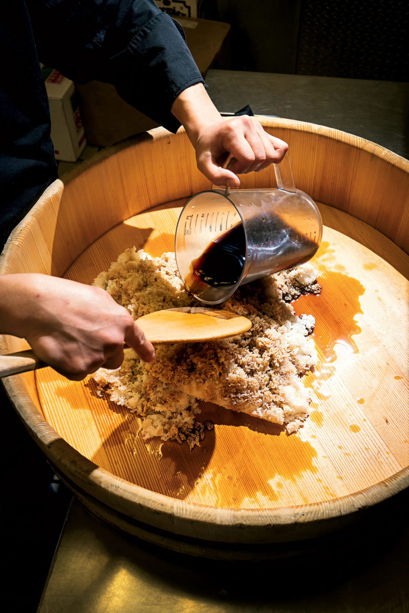 Rice takes on a dark color thanks to red vinegar aged three to six years from sake lees (sediment). Kobo is the only area restaurant that uses the prized product. Photograph by Scott Suchman.