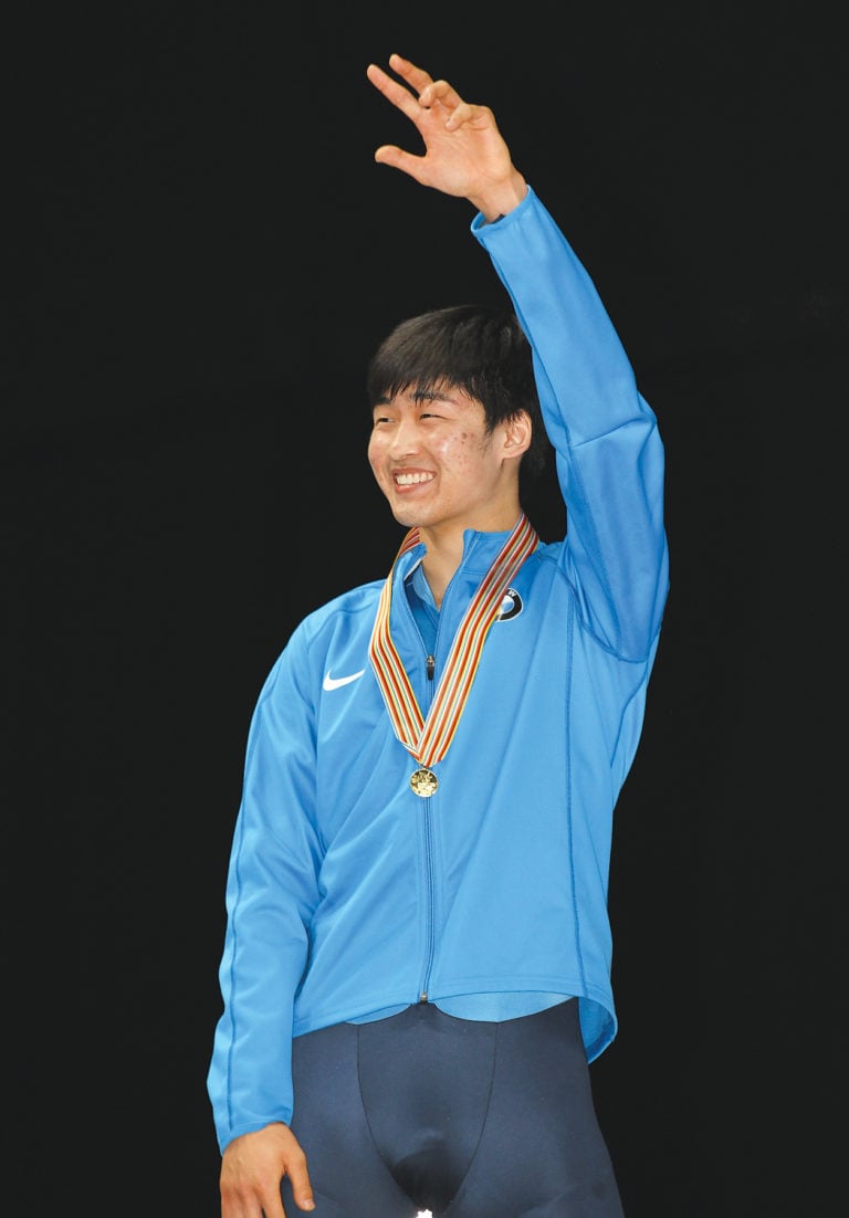 Cho wins gold in the Mens 500m Final during day two of the ISU World Short Track Speed Skating Championships in Sheffield, England. Photograph by Alex Livesey/Getty Images.