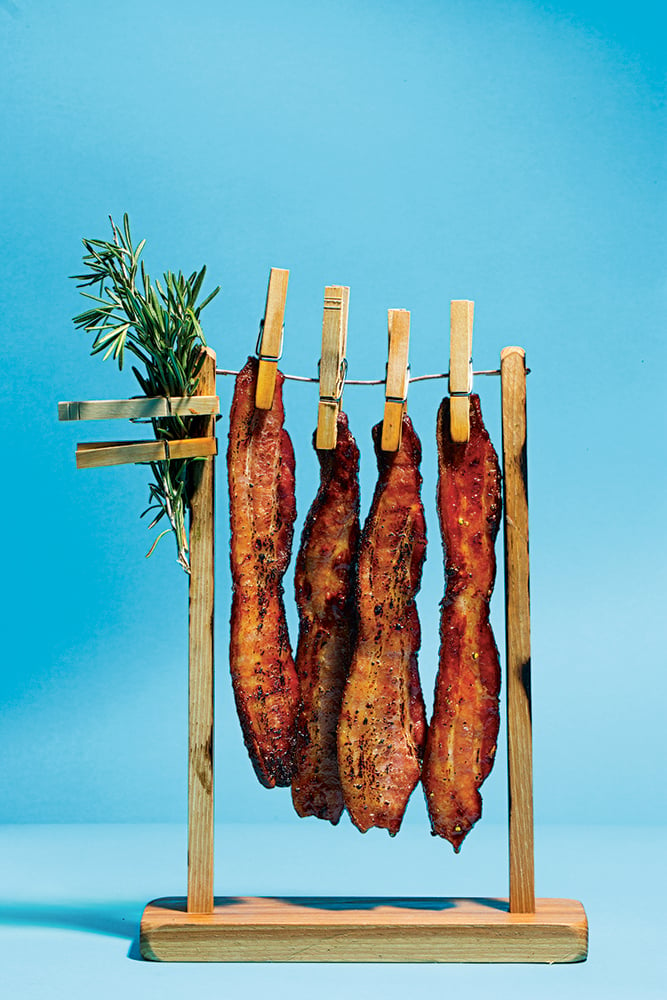 Left: Custom-made “clothesline” for bacon at BLT Prime. 