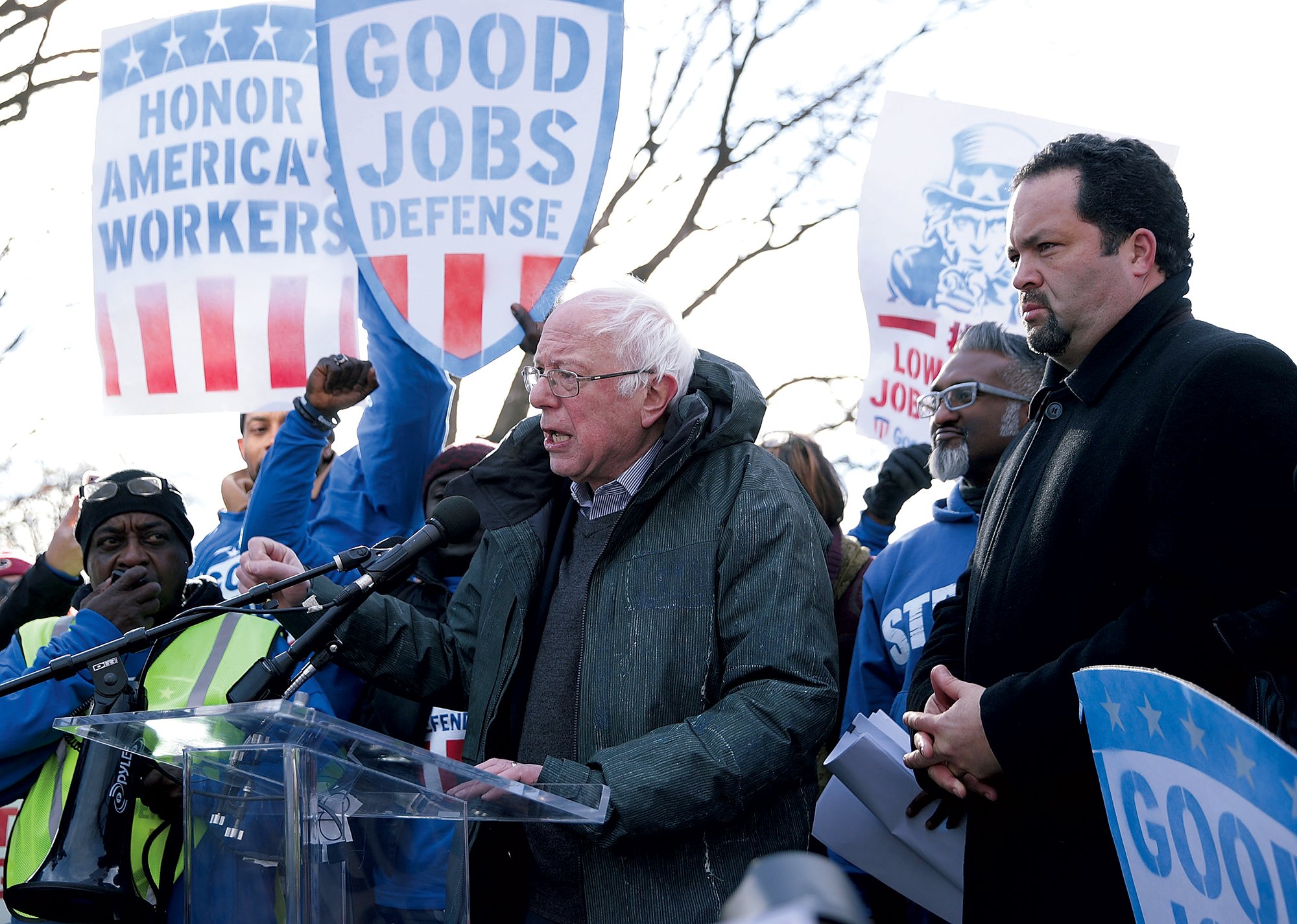 Vermont senator Bernie Sanders and Ben Jealous join forces during a protest on Capitol Hill in early 2017. Photograph by Alex Wong/Getty Images.