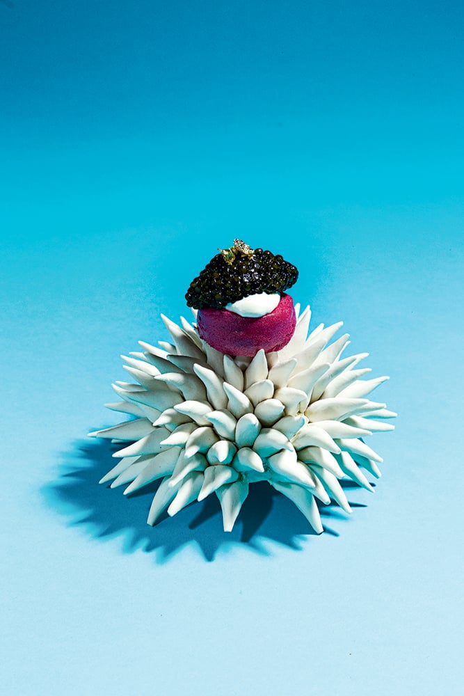 Handmade porcelain sea-urchin bowl for beet meringue and caviar at Minibar.