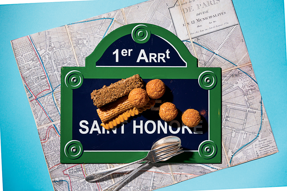 Top: Enamel street sign and Paris map for Saint-Honoré cake at Métier.