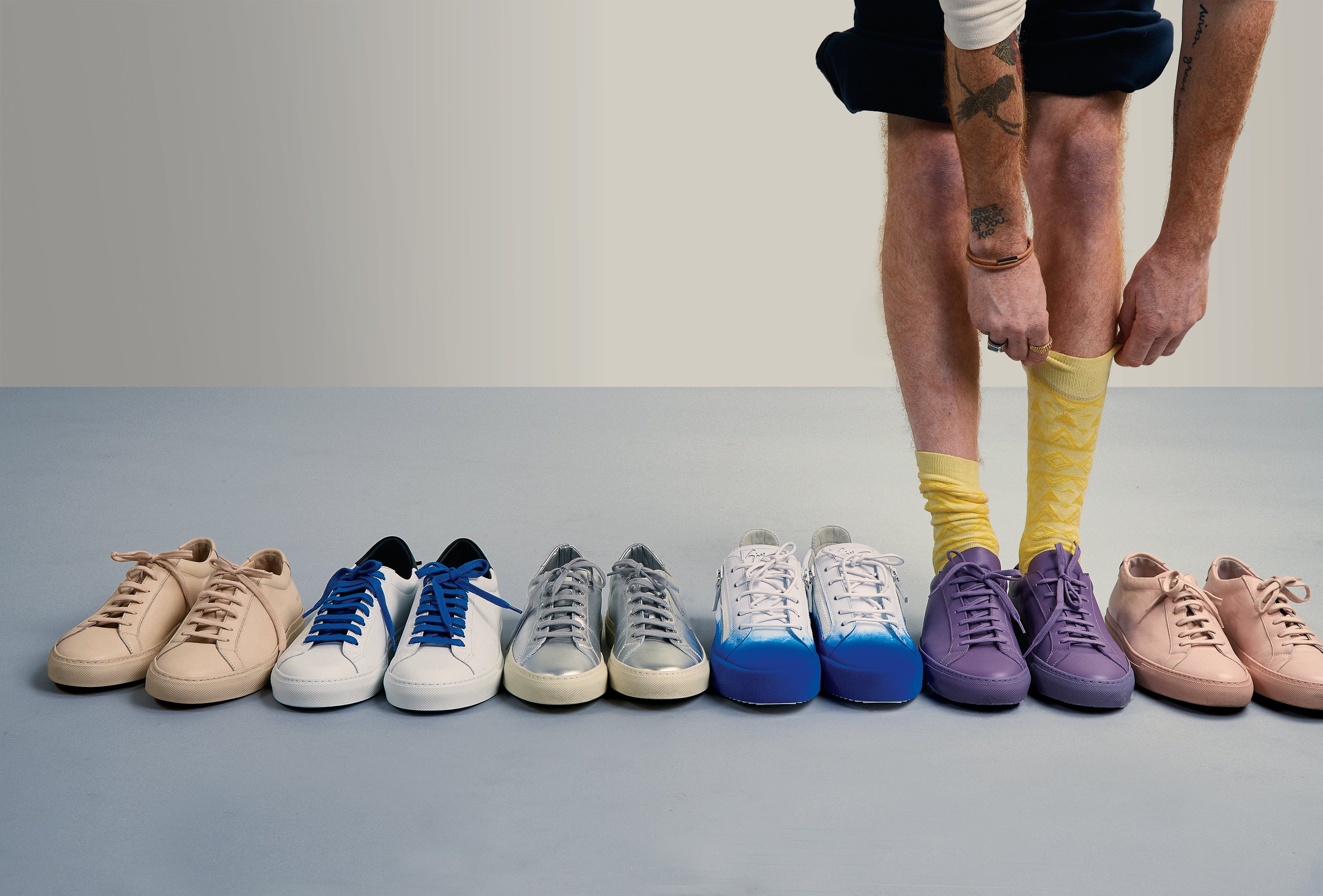 Bright socks are a fun way to stand out this spring. Fashion Styling by Frederique Stephanie at the Pop Up House. Hair and Makeup by Luis Miguel Bujia of Stylists at North. Models are Nick and Wesley From the Artist Agency. Portrait Illustrations by Claire Mccracken.