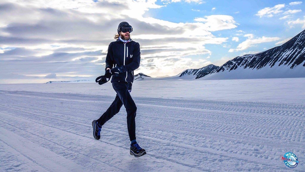 Running in Snow in DC: When it's really cold, like in Antarctica here, Wardian wears ski goggles. Photo courtesy of World Marathon Challenge.