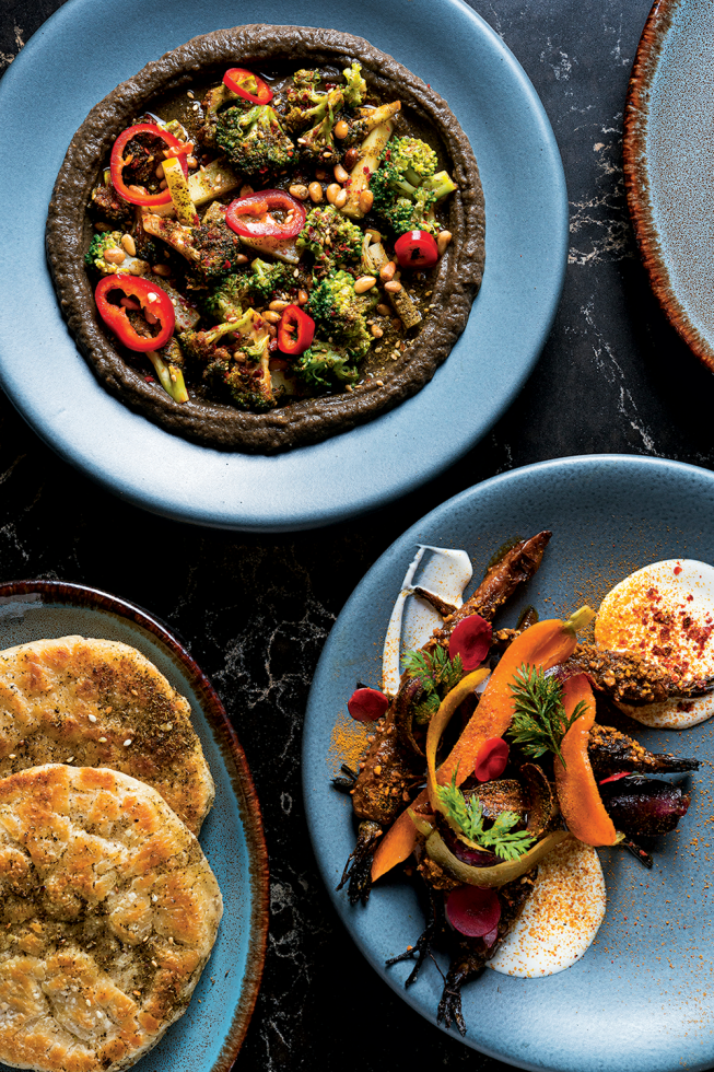 Burnt eggplant with flatbread and spiced carrots at Arroz.