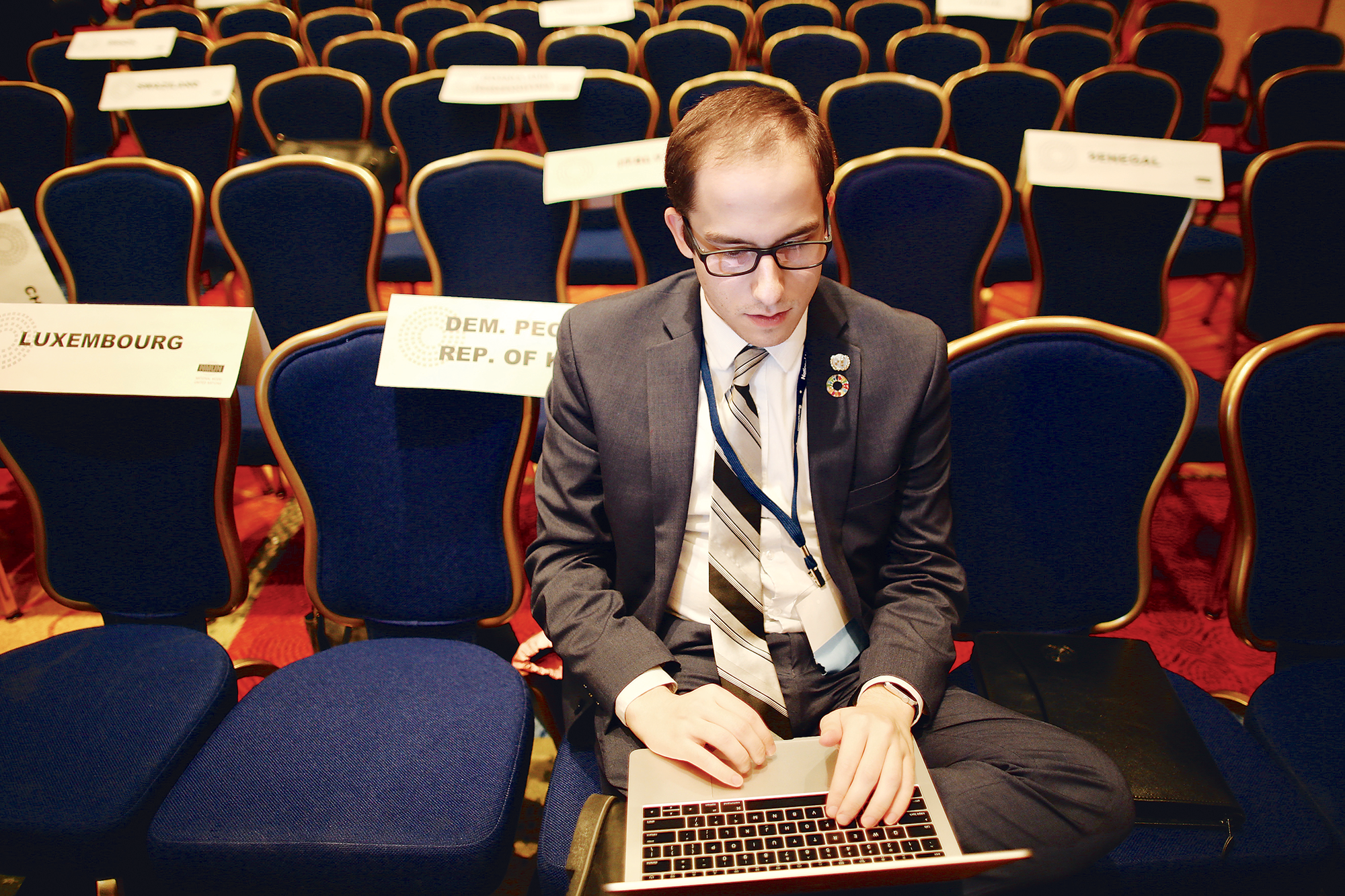 This Model UN was Dominic Tierno’s seventh. After years of representing stable, predictable countries like Finland, he got to play North Korea. Photograph by Evy Mages.