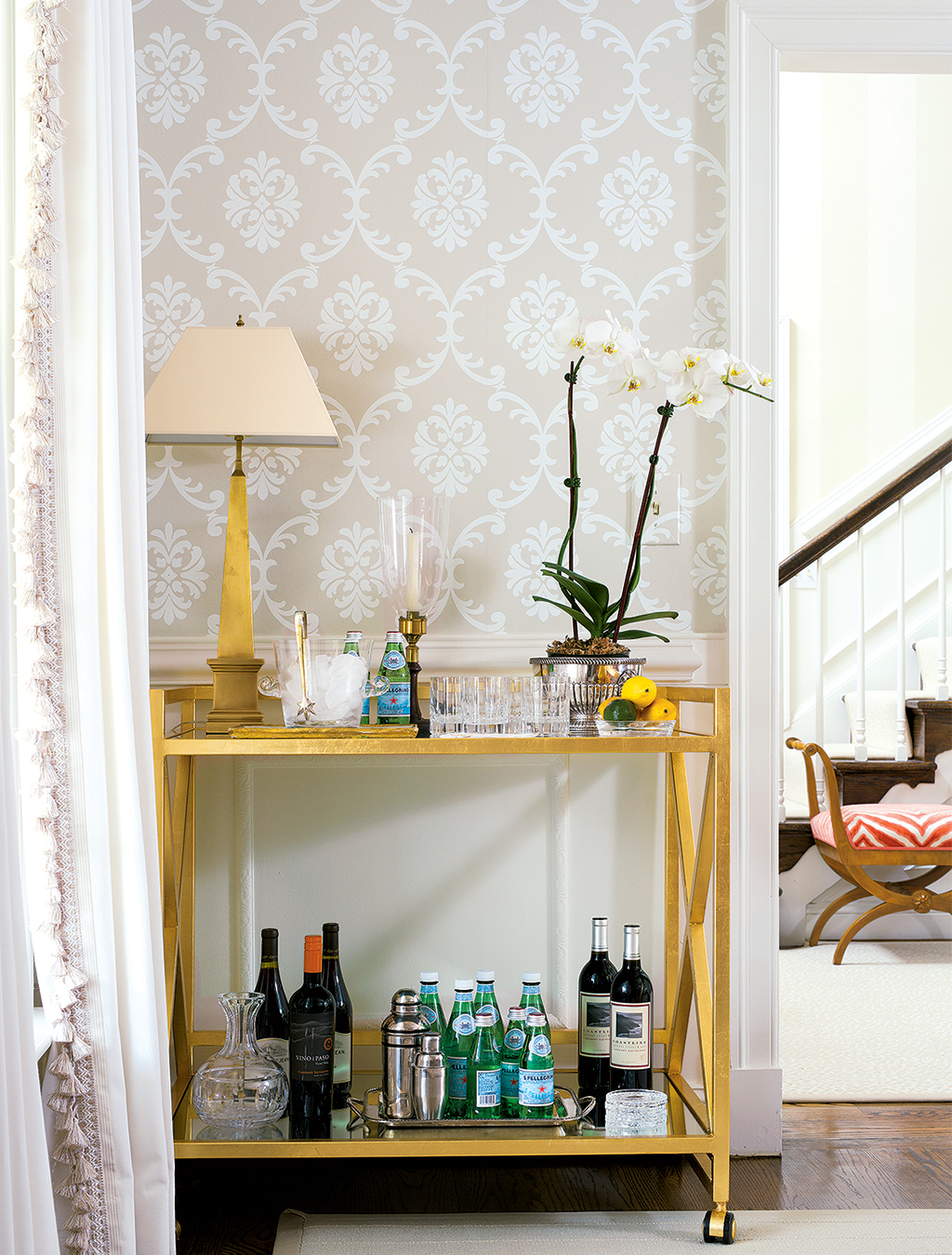 A bar cart greets guests. Photograph by Stacy Zarin Goldberg.