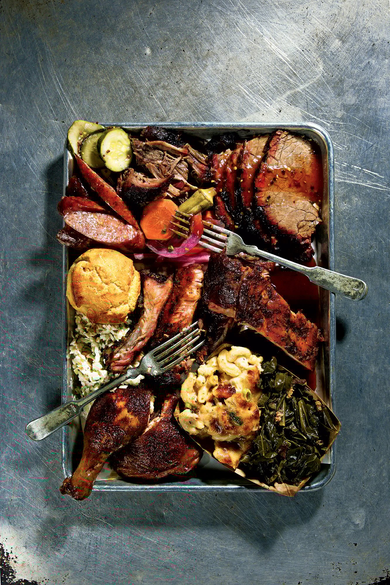 BBQFeat - Washingtonian Ribs, brisket, chicken, and sides at Myron Mixon's. Photograph by Scott Suchman.