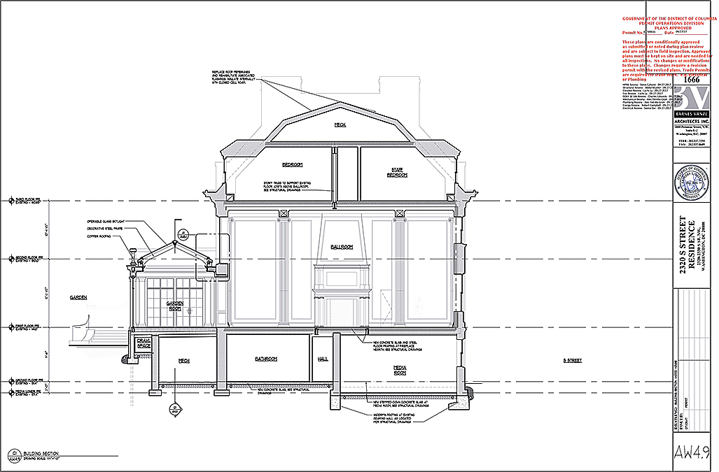 The Bezoses' Kalorama mansion will have a massive ballroom for entertaining, two elevators, a whiskey cellar, and many, many more rooms. Architectural drawing by Barnes Vanze, purveyed by Department of Consumer and Regulatory Affairs.