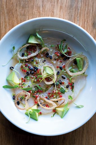 Cobia crudo with puffed rice at Chloe. Cobia crudo with puffed rice at Chloe. Photograph by Scott Suchman.