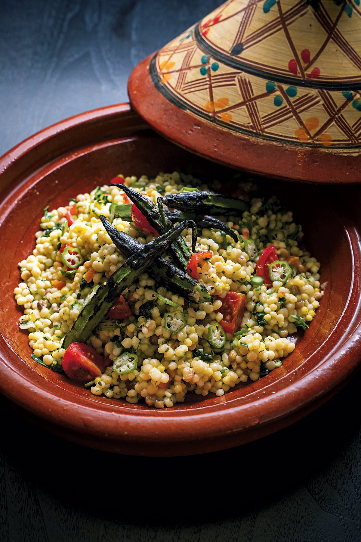 Couscous with charred okra at Sababa. Photograph by Scott Suchman.