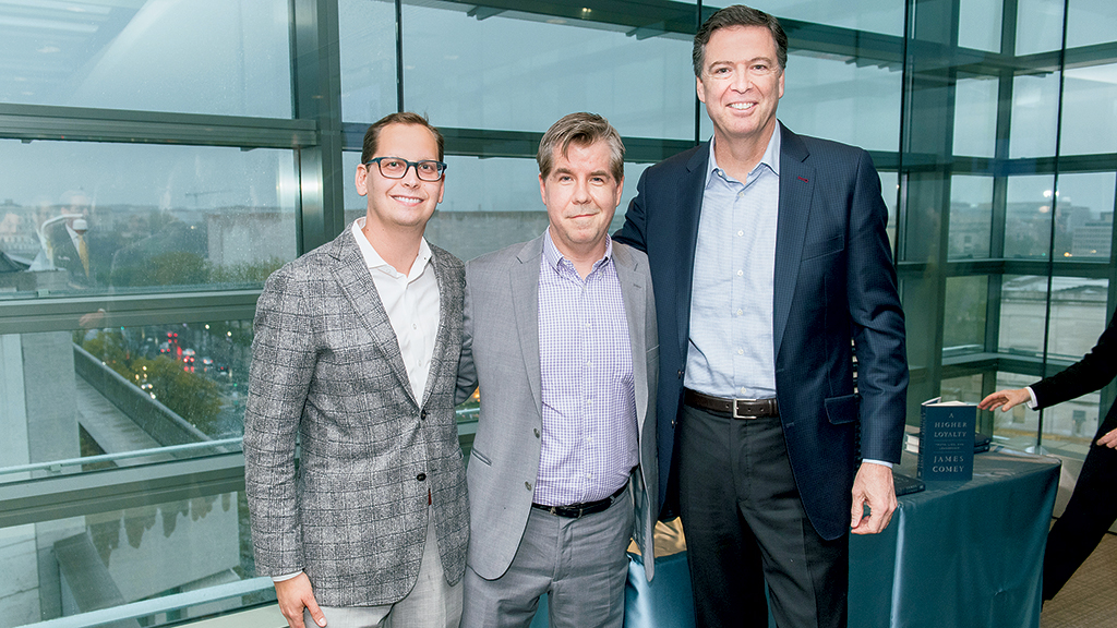 Javelin’s Keith Urbahn and Matt Latimer with James Comey. Photograph by Dan Swartz.