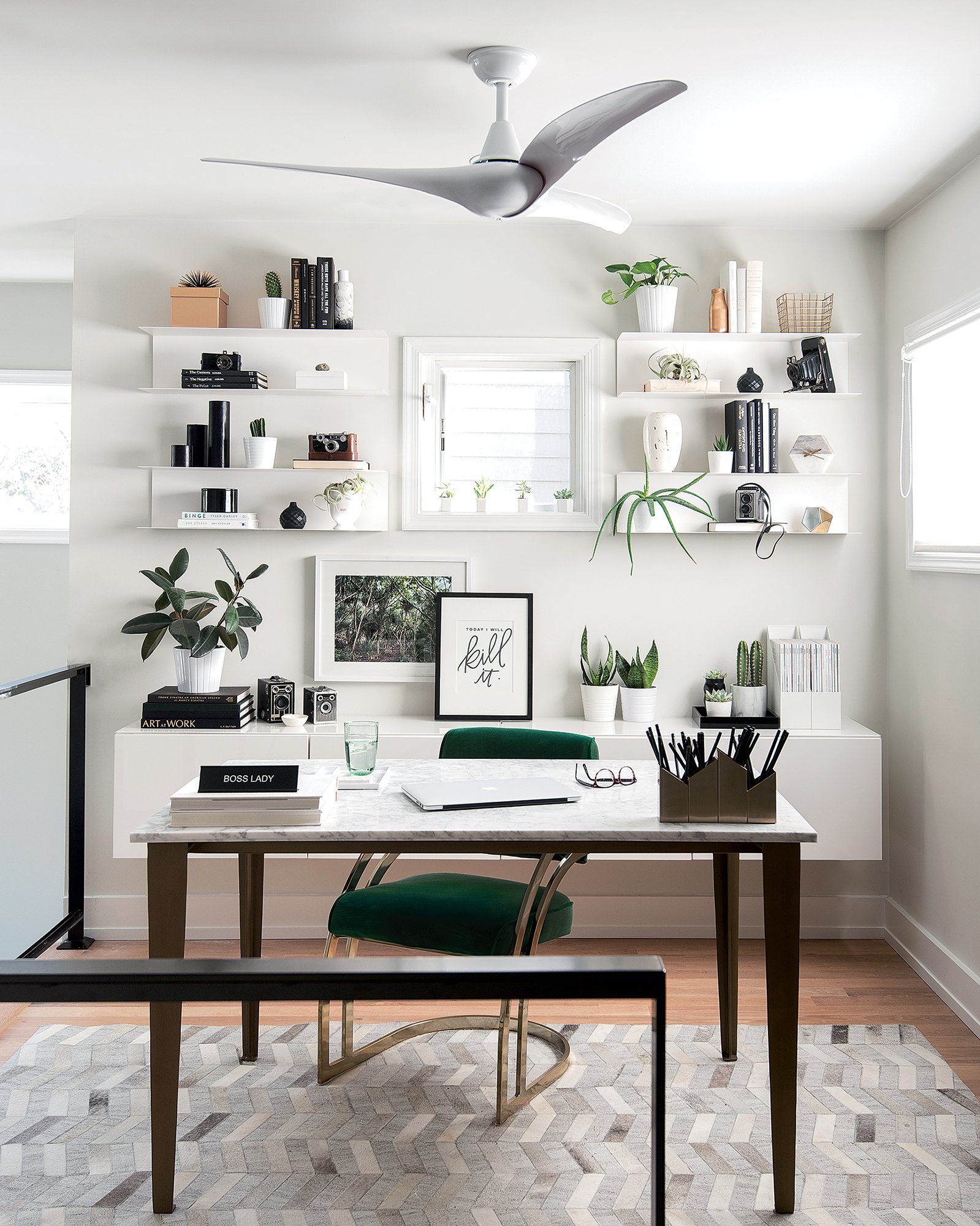 Laura Metzler’s desk, top, is actually a dining table from CB2. She says it’s one of the few items she was willing to pay full price for, because she often works from home.