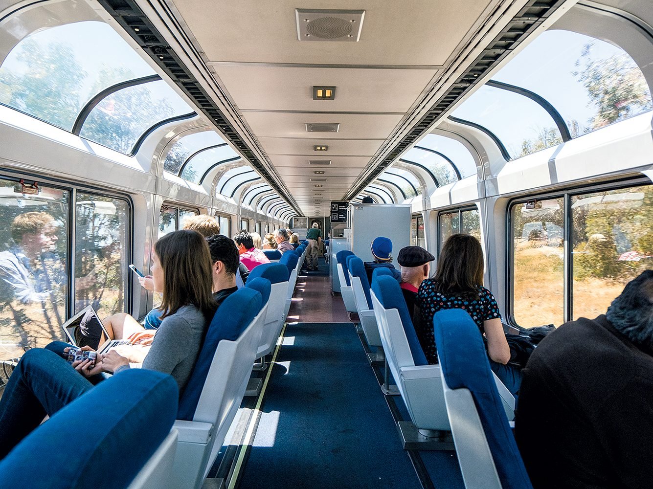 While double-decker trains with observation cars can’t fit through the tunnels and under the wires found along the East Coast, they’re common in wide-open spaces in the rest of the country. Photograph by Nigel Killeen/Getty Images.