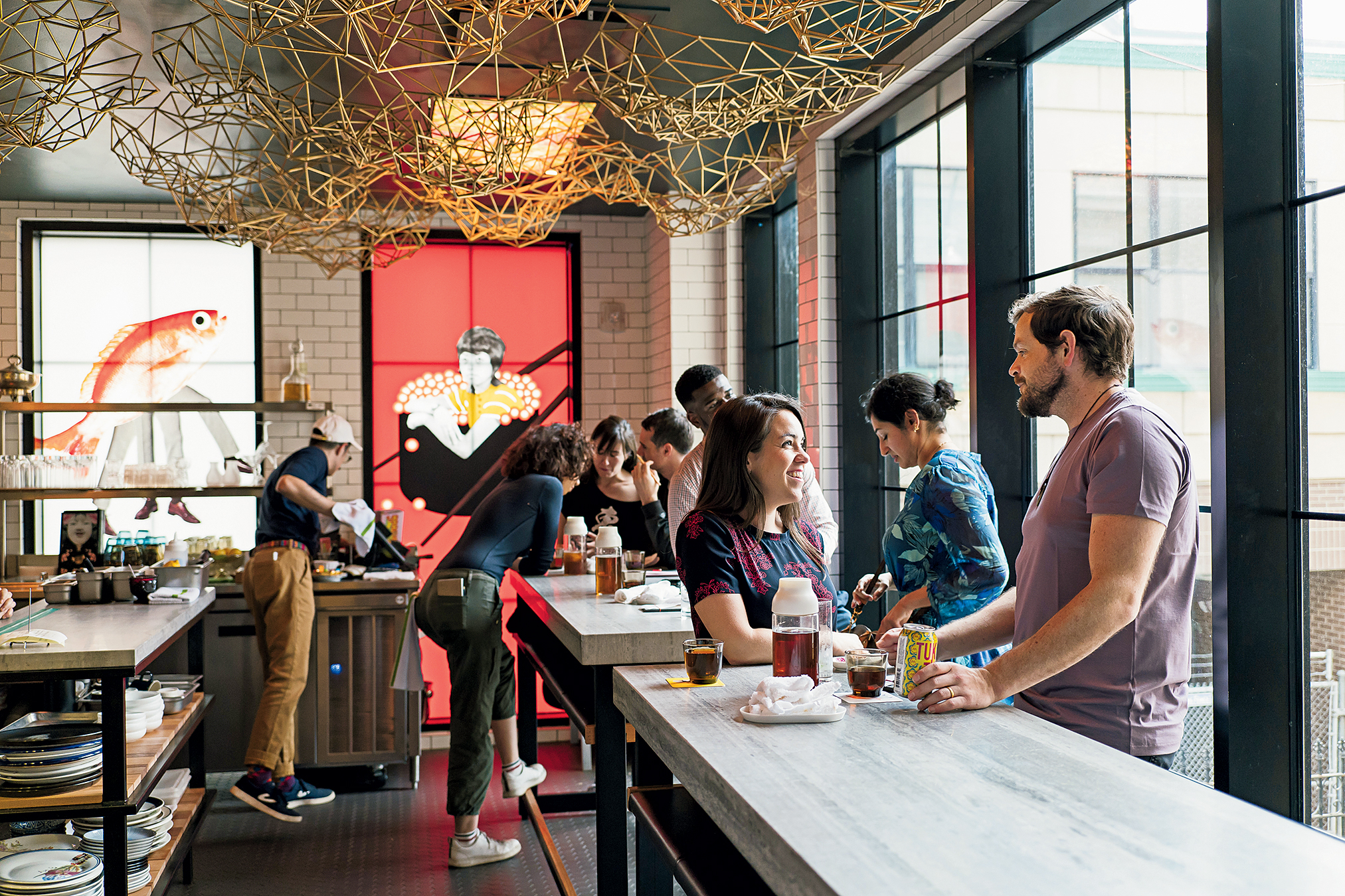 The standing-only counters in the kitchen at Spoken English.