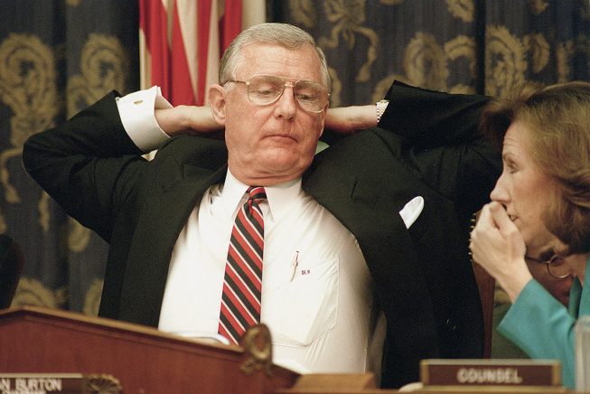 Comstock with Representative Dan Burton, who publicized conspiracy theories claiming that a Clinton aide was murdered. Photograph courtesy of C-SPAN.