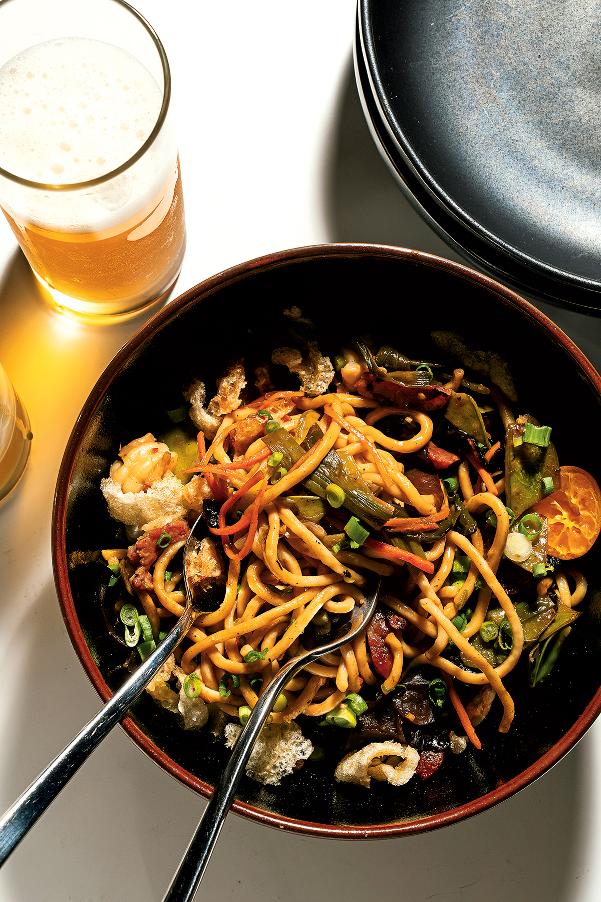 Pancit canton, with sausage and shrimp.