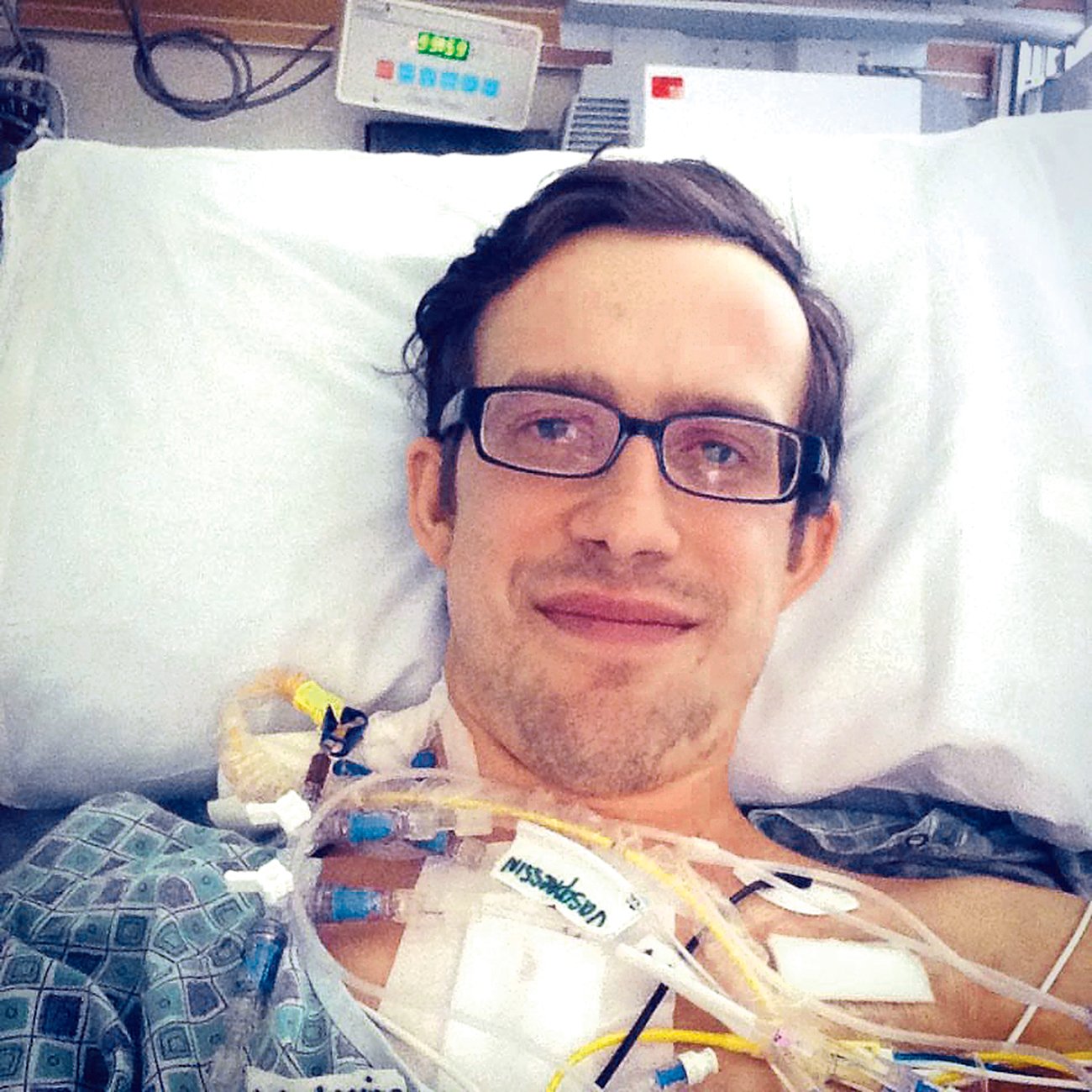 A selfie from Collin's third heart transplant. Photograph courtesy of Collin Kobelja.