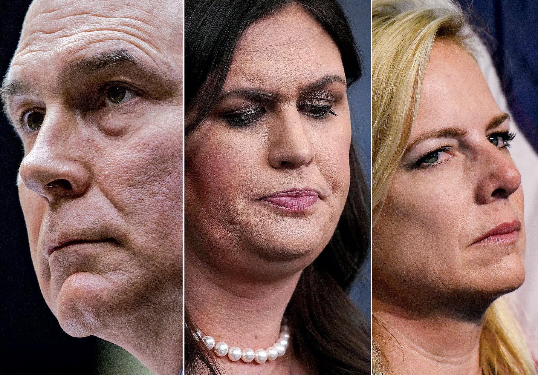 Scott Pruitt, Sarah Huckabee Sanders, and Kirstjen Nielsen. Photographs of Scott Pruitt by Andrew Harrer/Bloomberg via Getty Images. Photograph of Sarah Huckabee Sanders Alex Wong/Getty Images. Photograph of Kirstjen Nielsen by Olivier Douliery/Pool/Getty Images.