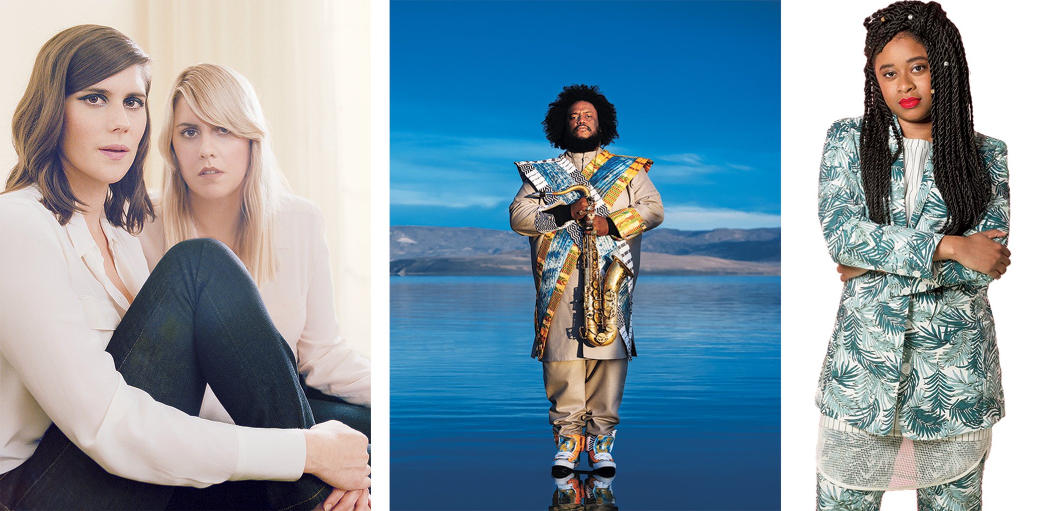 Left to Right: Kate and Laura Muleavy of Rodarte, Kamasi Washington, and Phoebe Robinson of 2 Dope Queens. Photograph of Rodarte by Autumn de Wilde. Photograph of Washington Courtesy of Sacks and Co. Photograph of Robinson by Charise Ash.