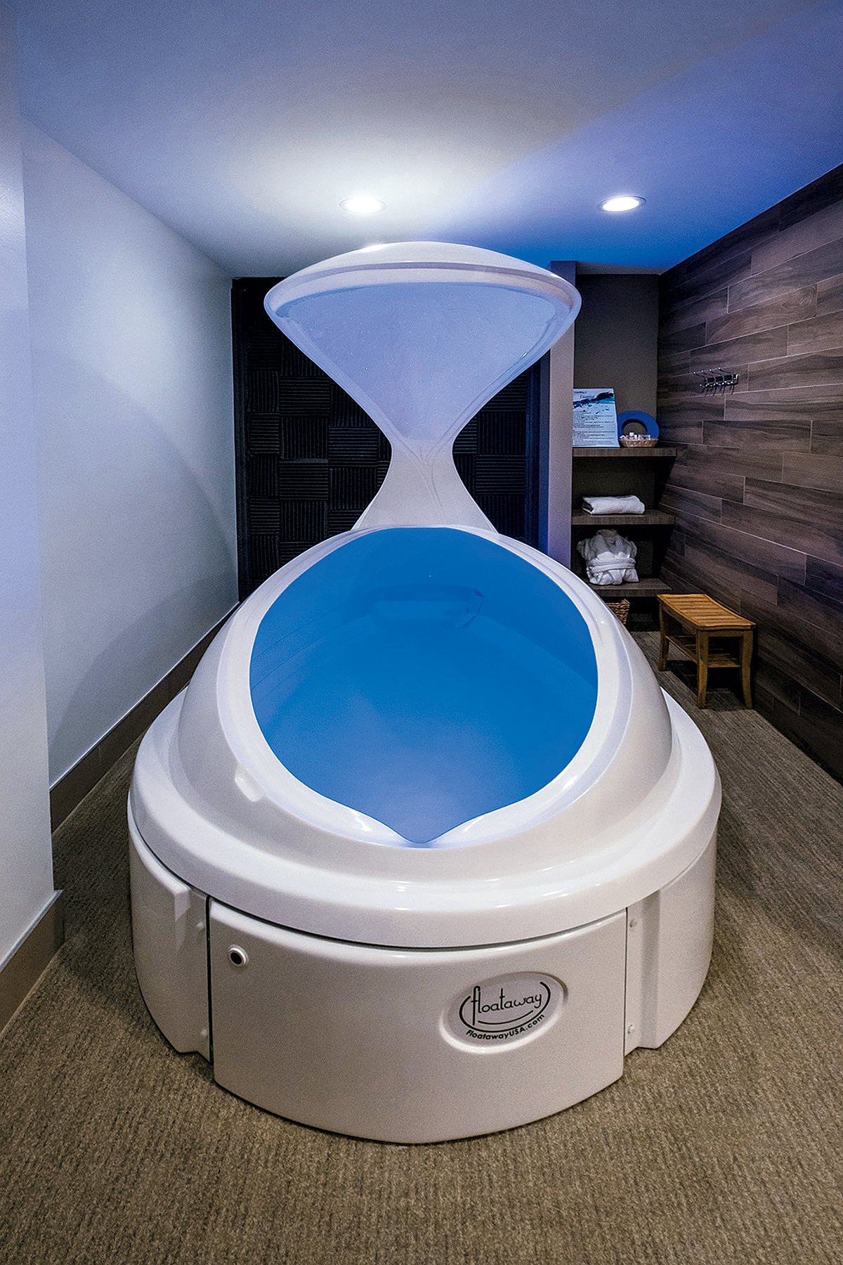 At Synergy Float, the weightless sensation of floating in a pod filled with saltwater helps muscles relax. Photograph courtesy of Synergy Float Center.