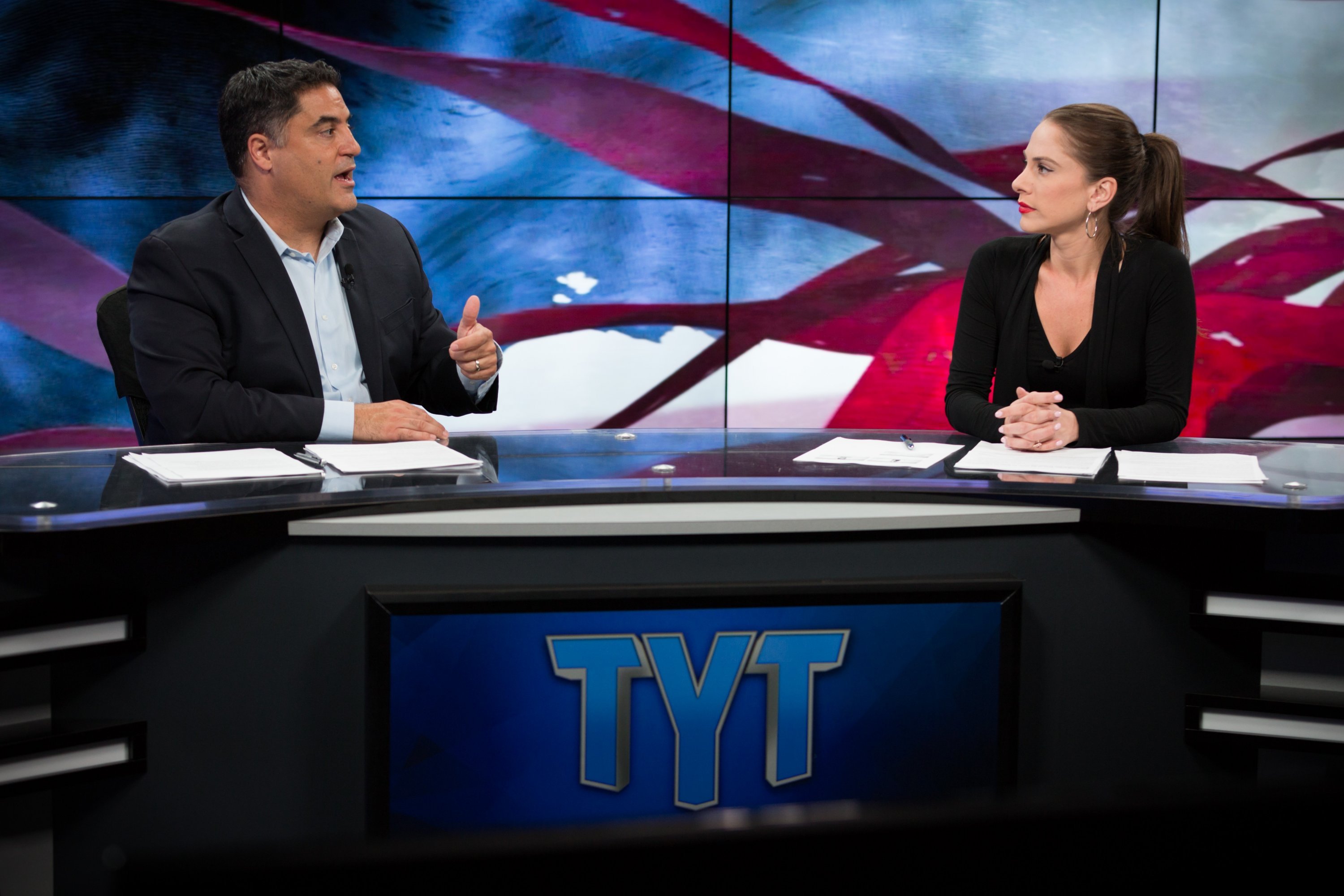 Cenk-Ana-Studio_2 - Washingtonian Uygar and co-host Ana Kasparian in TYT's Culver City studio. Photo by Cassandra Hanks.