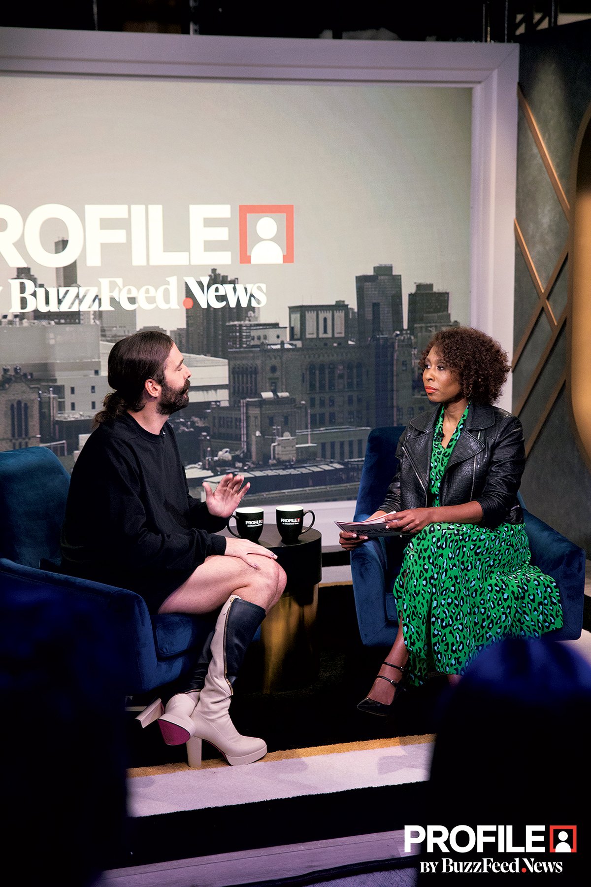 Cornish chats with Queer Eye’s Jonathan Van Ness on the first episode of her new interview show, Profile, which airs on Facebook. Photograph courtesy of Buzzfeed.