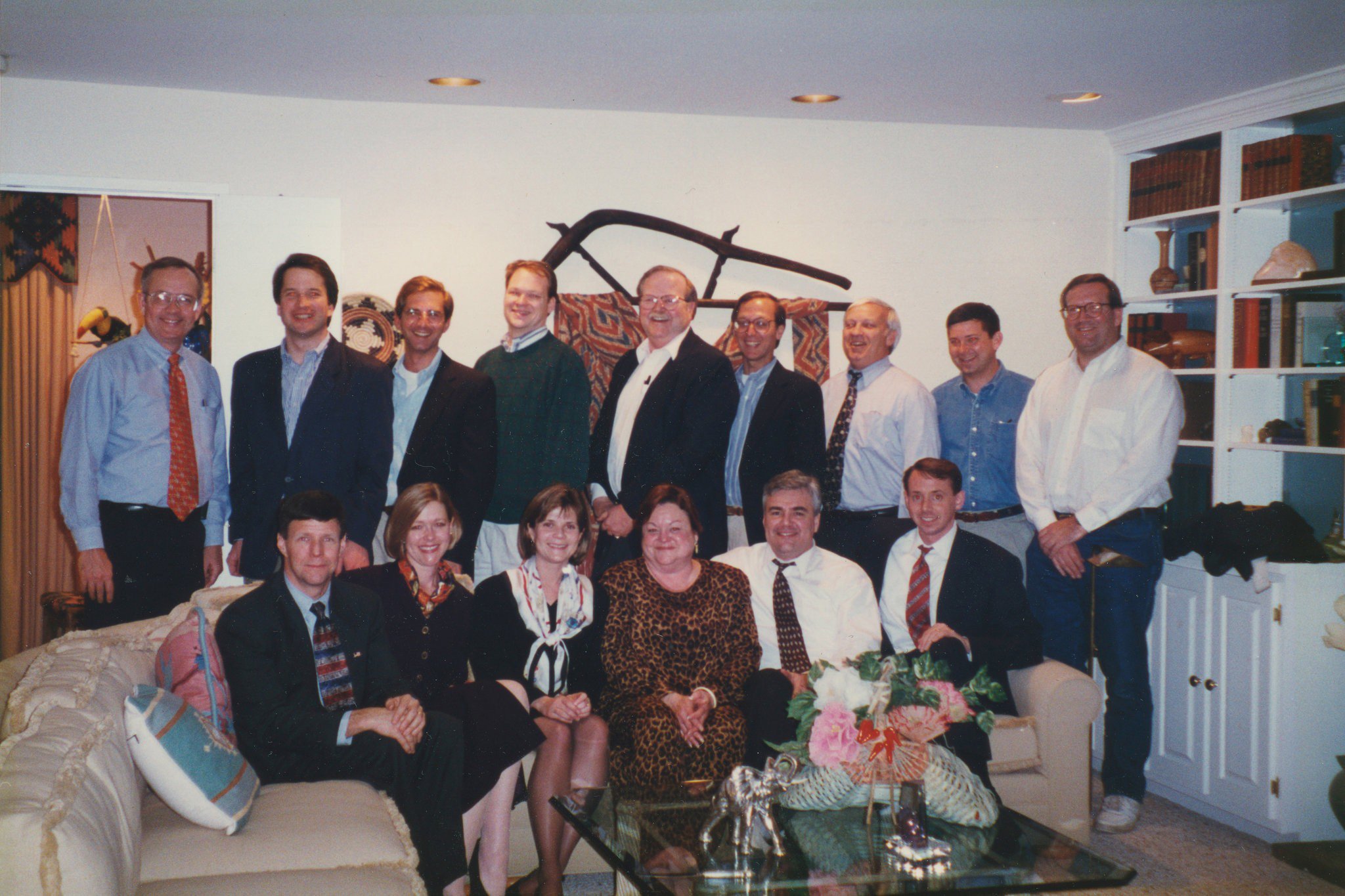 Standing: On the far left, Ken Starr standing next to Brett Kavanaugh. Sitting: On the far right, Rod Rosenstein. Photograph courtesy of the White House.