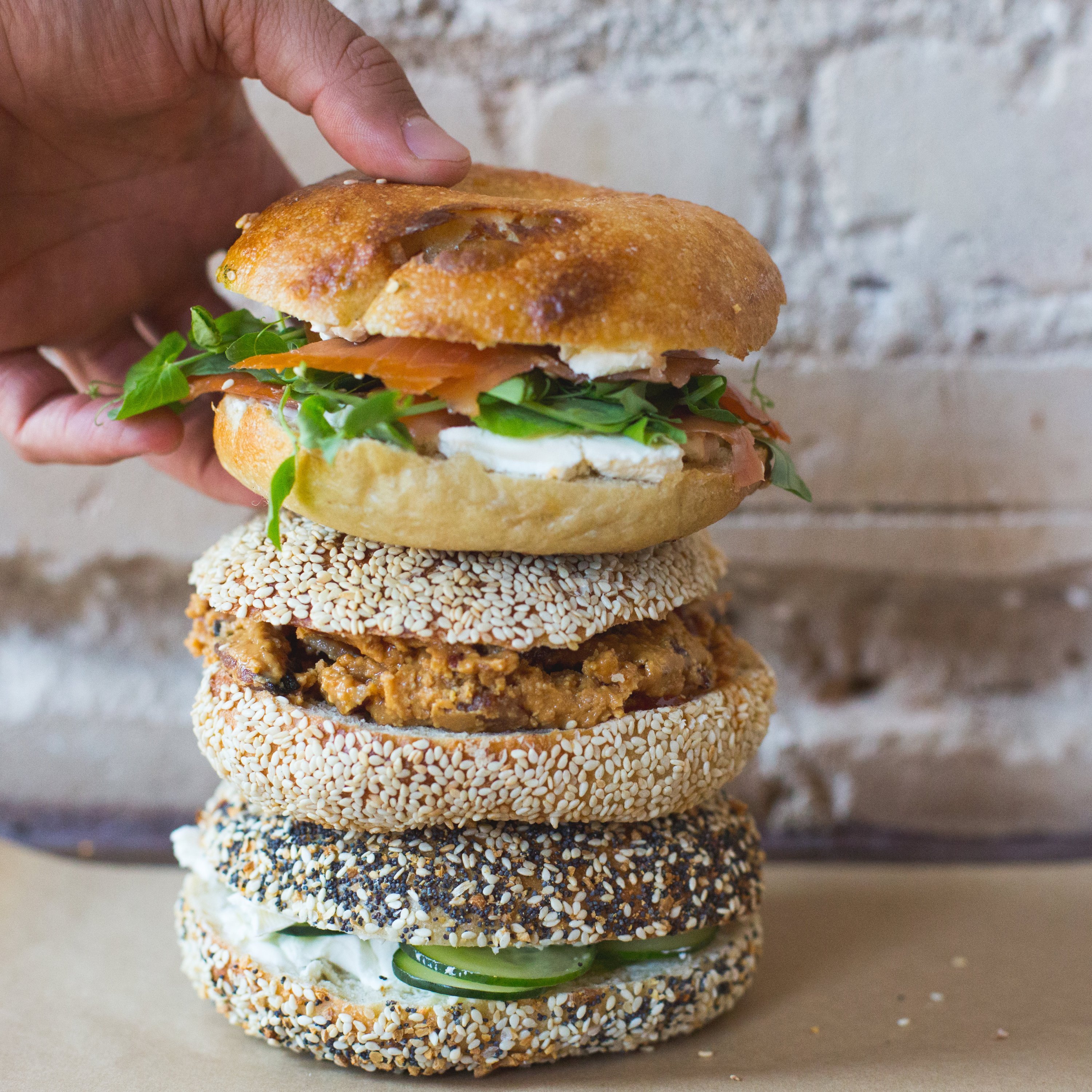 Bagel sandwich stack at Call Your Mother. Photograph by Maya Oren. 