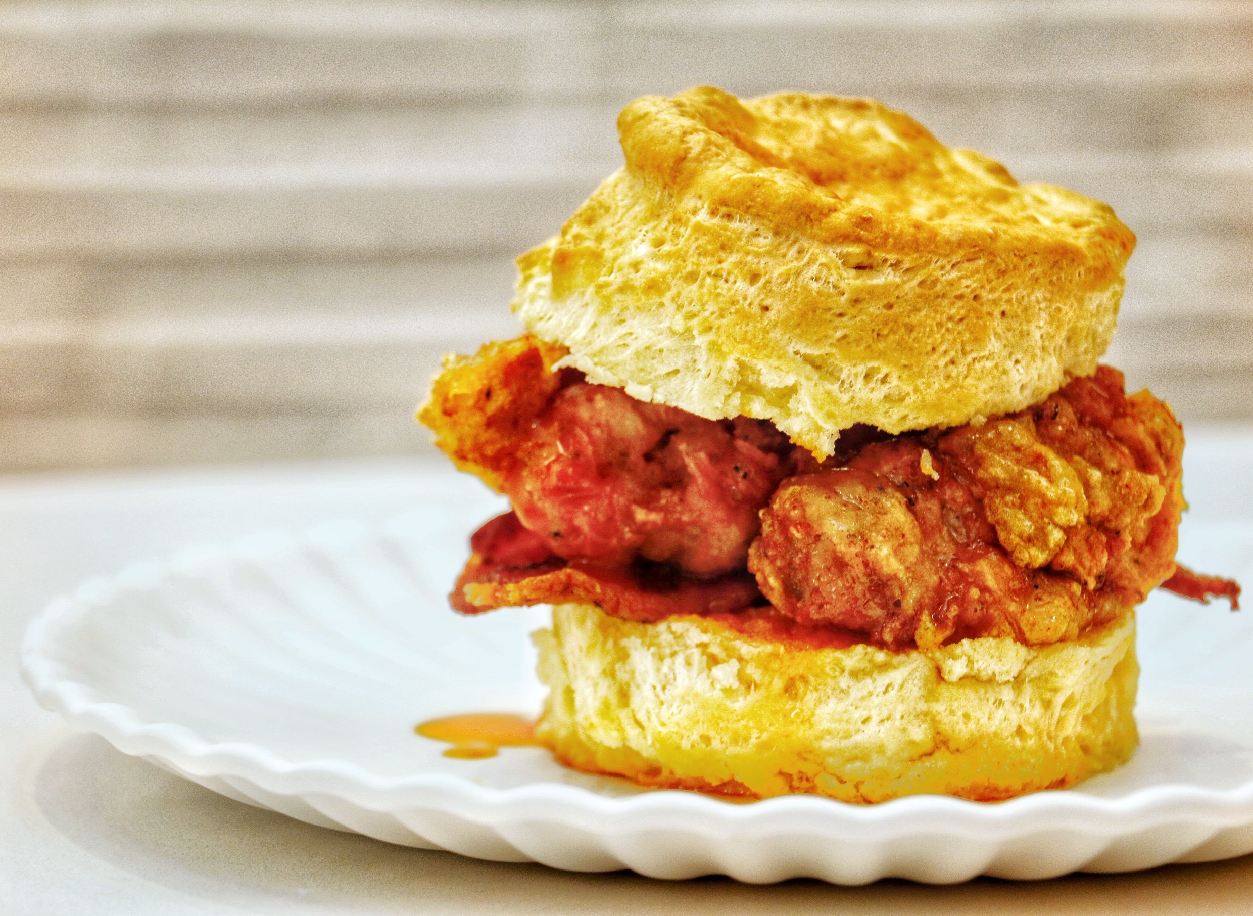 Fried chicken biscuit sandwich at Mason Dixie Biscuit Co. Photograph by Jai Williams. 