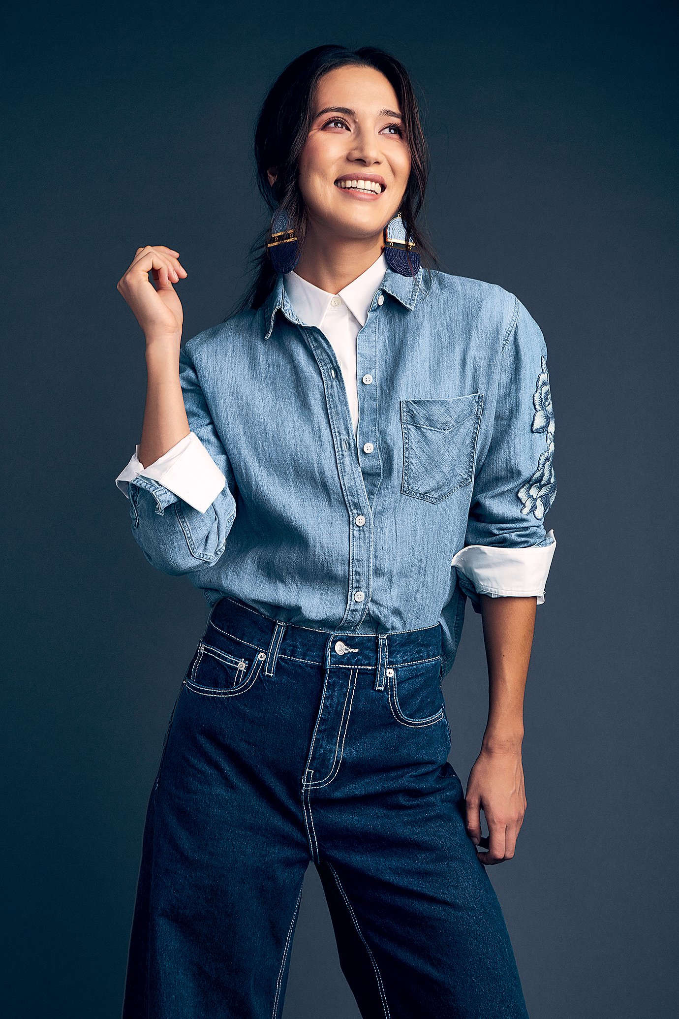 WS3 - Washingtonian White shirt, at the Gap; Rails blue denim shirt, 8 at Saks; jeans, at Zara; pendant earrings, 5 at makua.co.