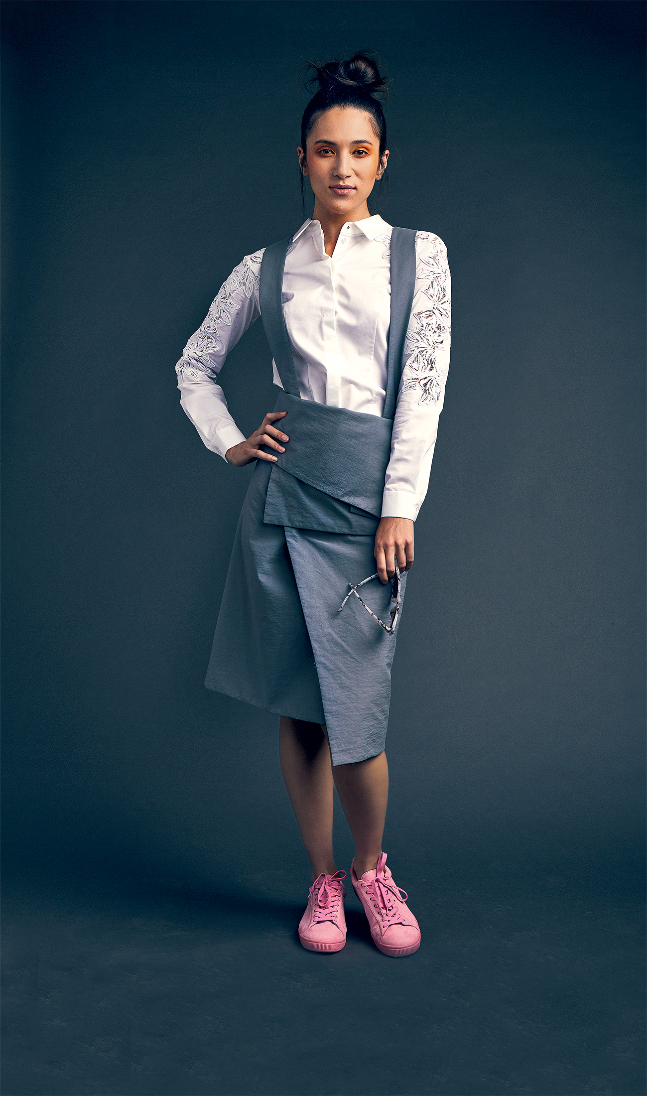 WS4 - Washingtonian Elie Tahari white blouse, 1 at Saks; gray dungaree dress, 5 at Cos; pink sneakers, 0 at Puma.