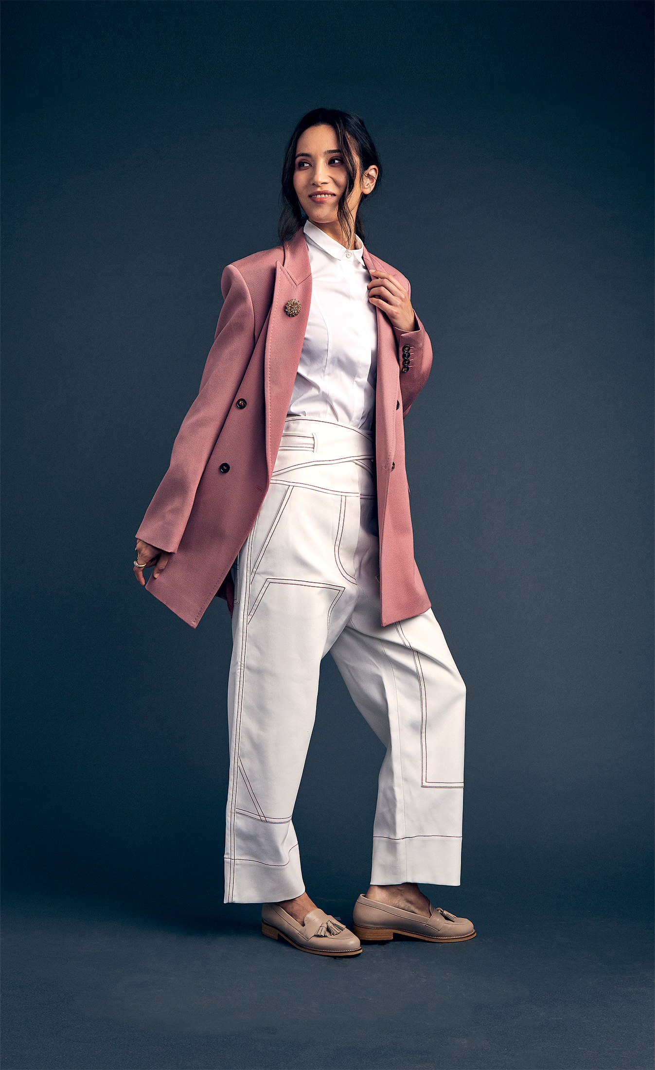 WS5 - Washingtonian Peserico white shirt, 5 at Saks; pink coat, ,890, and white pants, 5, both at Max Mara; New Look tassel loafers, at asos.com.