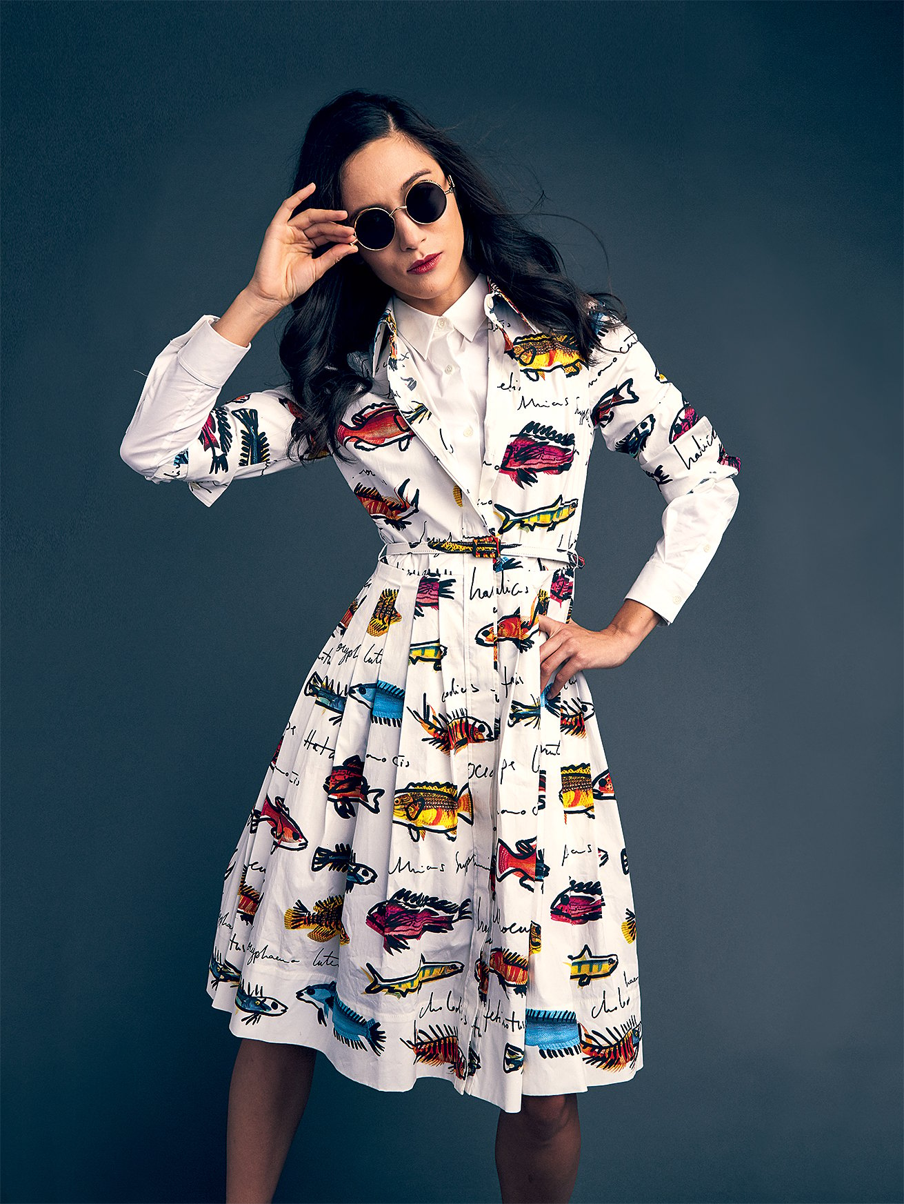 White shirt, 0 at Club Monaco; Oscar de la Renta fish-print dress, 