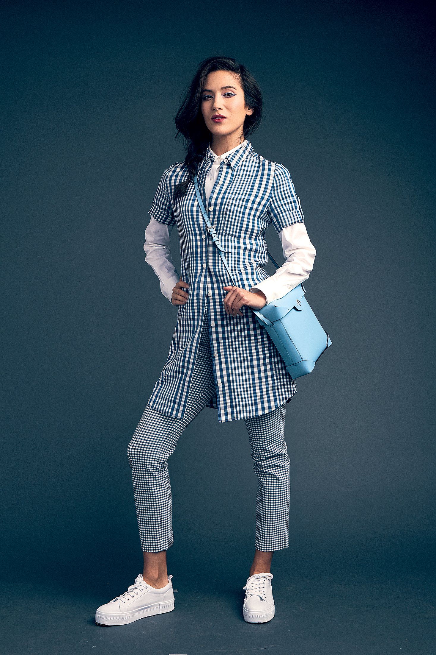 WS7 - Washingtonian White shirt, 5 at Vince; Theory checked dress, 5, and checked skinny trousers, 5, at Saks; Manu Atelier rectangular leather bag, 5 at Saks.