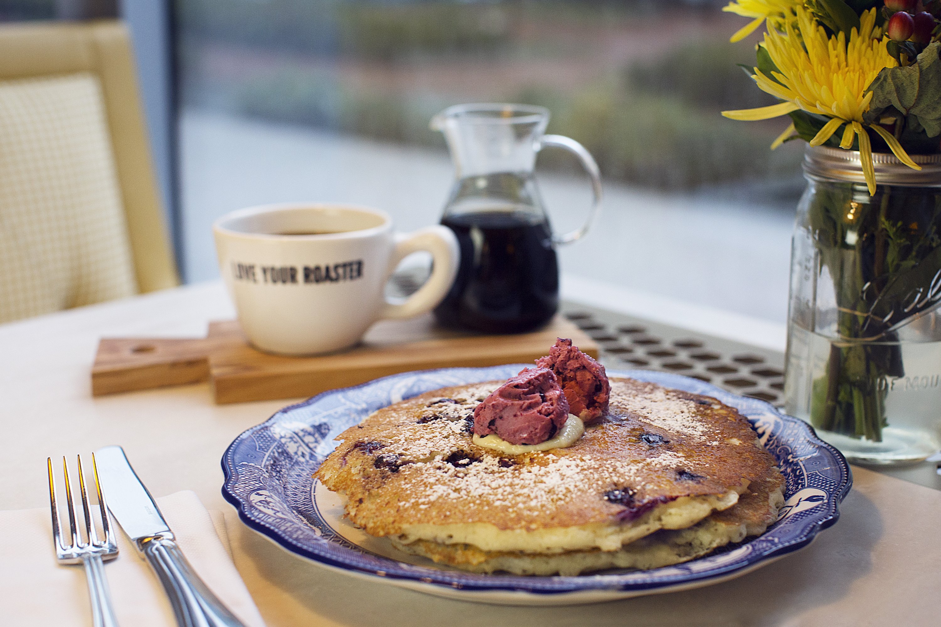 Blueberry pancakes at Farmers & Distillers. Photograph courtesy of Farmers Restaurant Group. 