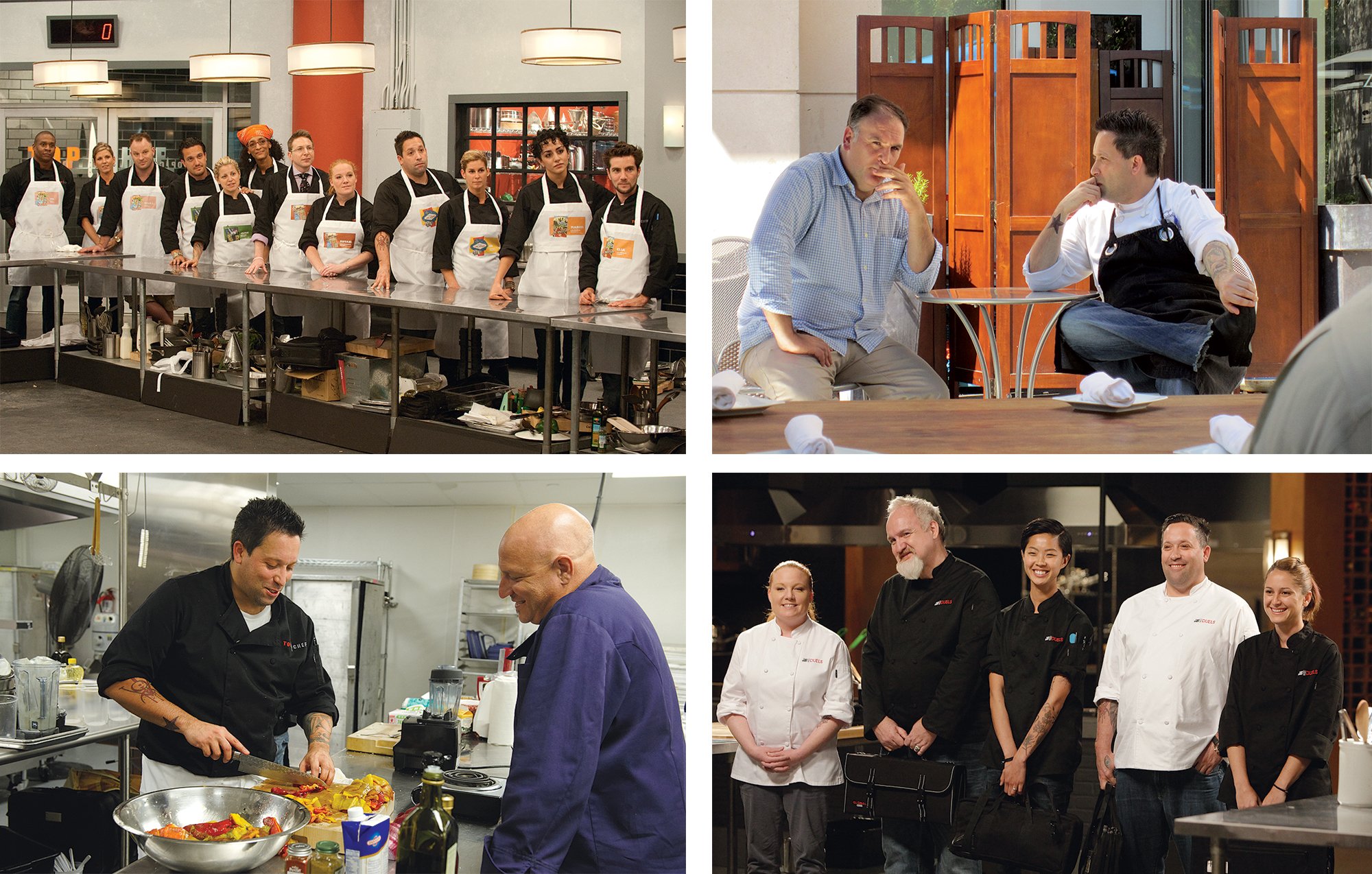 Mike Isabella worked for José Andrés (top right) when he was cast on Top Chef. Despite a sexist remark on the first episode, he emerged a star. Top photographs by David Giesbrecht/Bravo media and by Brian Alexander Gray; Bottom by Barbara Nitke/Bravo media and by Nicole Wilder/Bravo media.