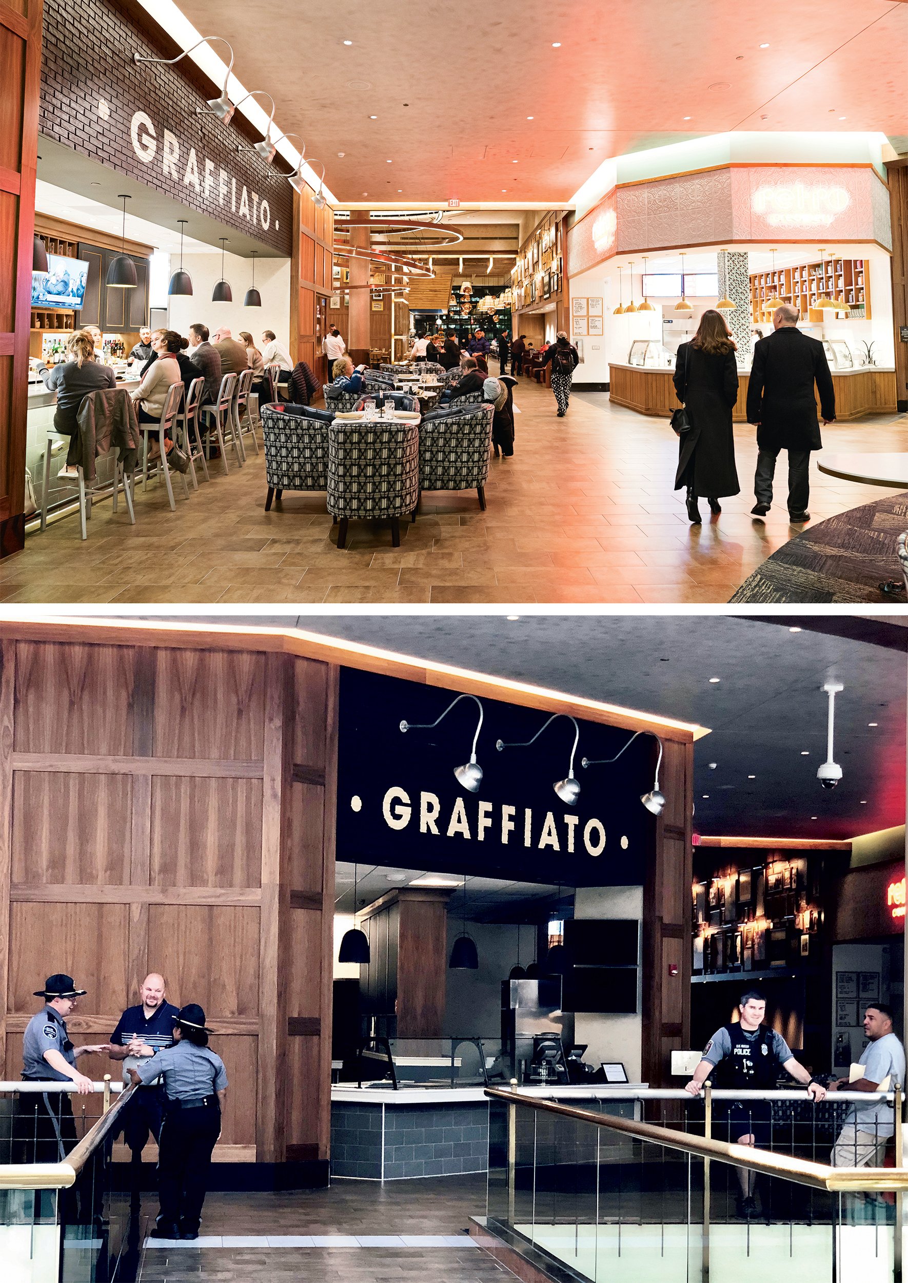 Isabella-comp3 - Washingtonian Isabella Eatery, at Tysons Galleria, was an extraordinary concept: a 41,000-square-foot mall food court branded by one personality. But only nine months after opening, it closed and hundreds of people lost their jobs. On its last day (bottom), Mike Isabella didn’t show up, but police were on hand to watch it shutter. Top photograph by Scott Suchman, bottom by Evy Mages.