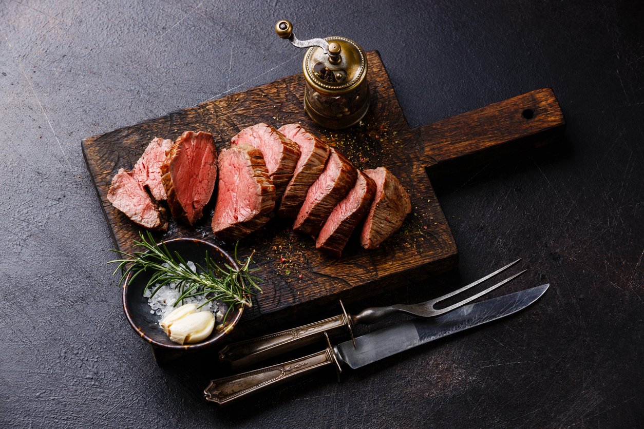 Sliced tenderloin Steak Roast beef with knife and fork carving set - Washingtonian