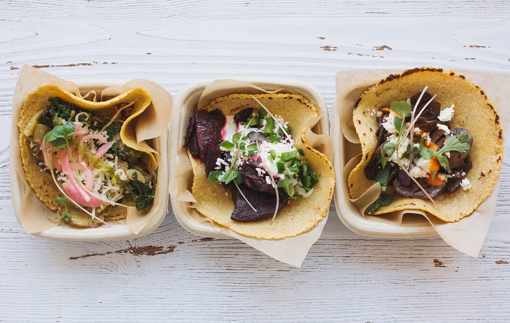 Chai tacos with seasonal combinations (left to right): creamy kale and potato, citrus-roasted beets, and mushrooms with salsa roja and feta.