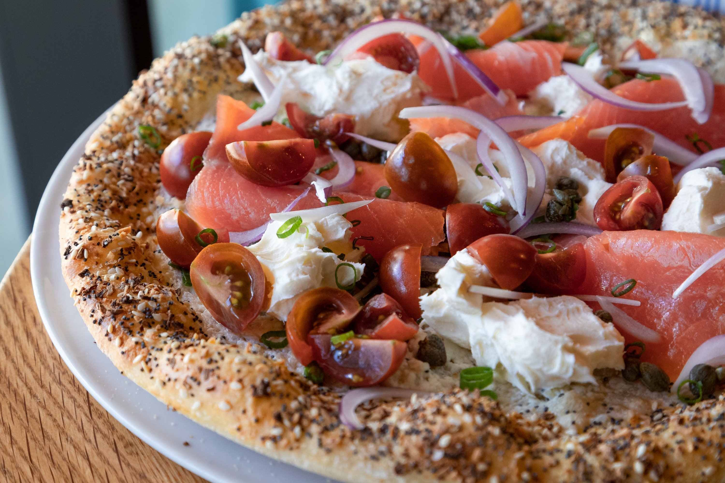 AltaStradaM-BagelPizza-7854-2 - Washingtonian Special seasoning and smoked salmon are the toppings of choice on Alta Strada Mosaic's everything bagel pizza. Photograph courtesy by Clark Douglas.