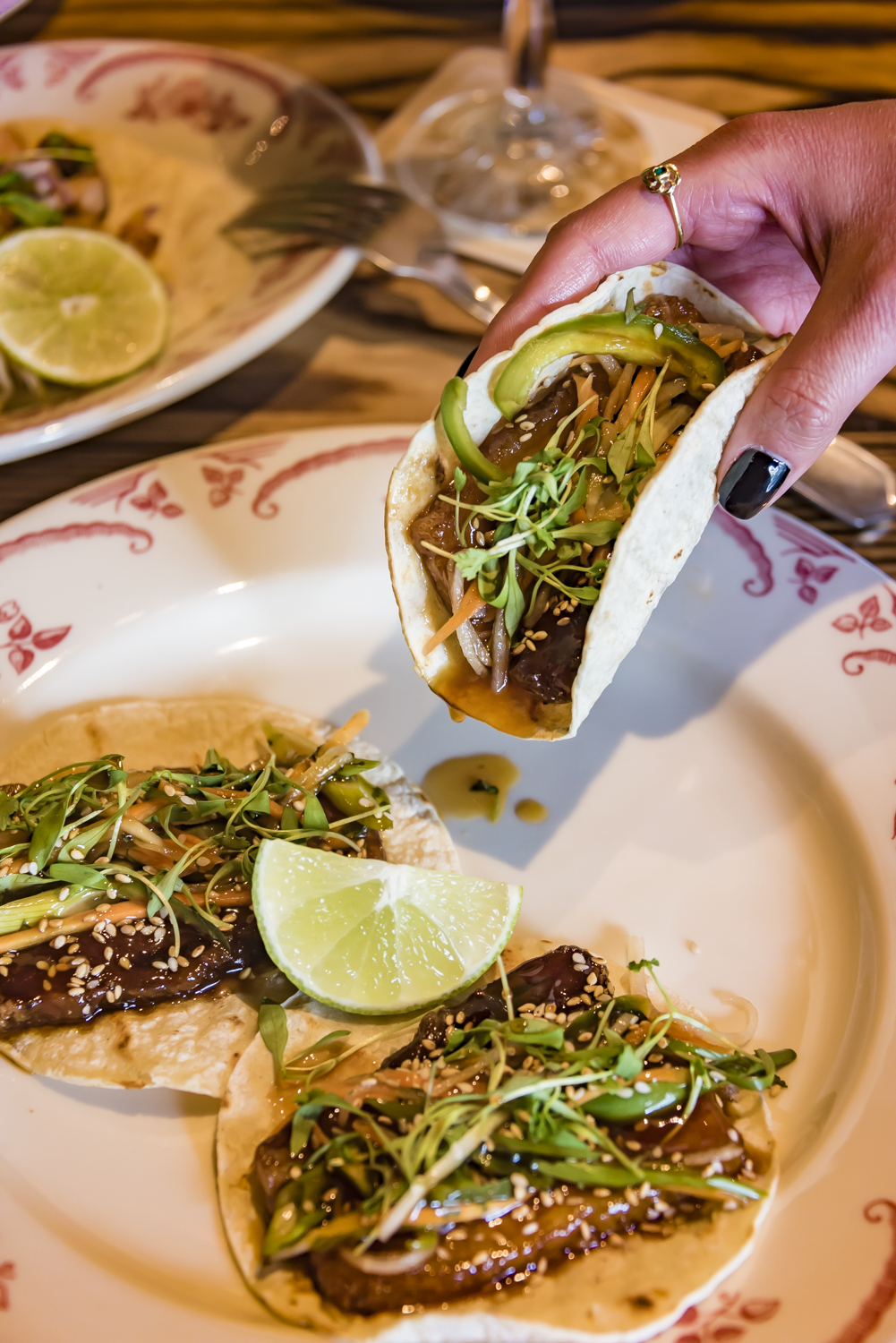 The pork belly taco is inspired by the flavors of a banh-mi sandwich.