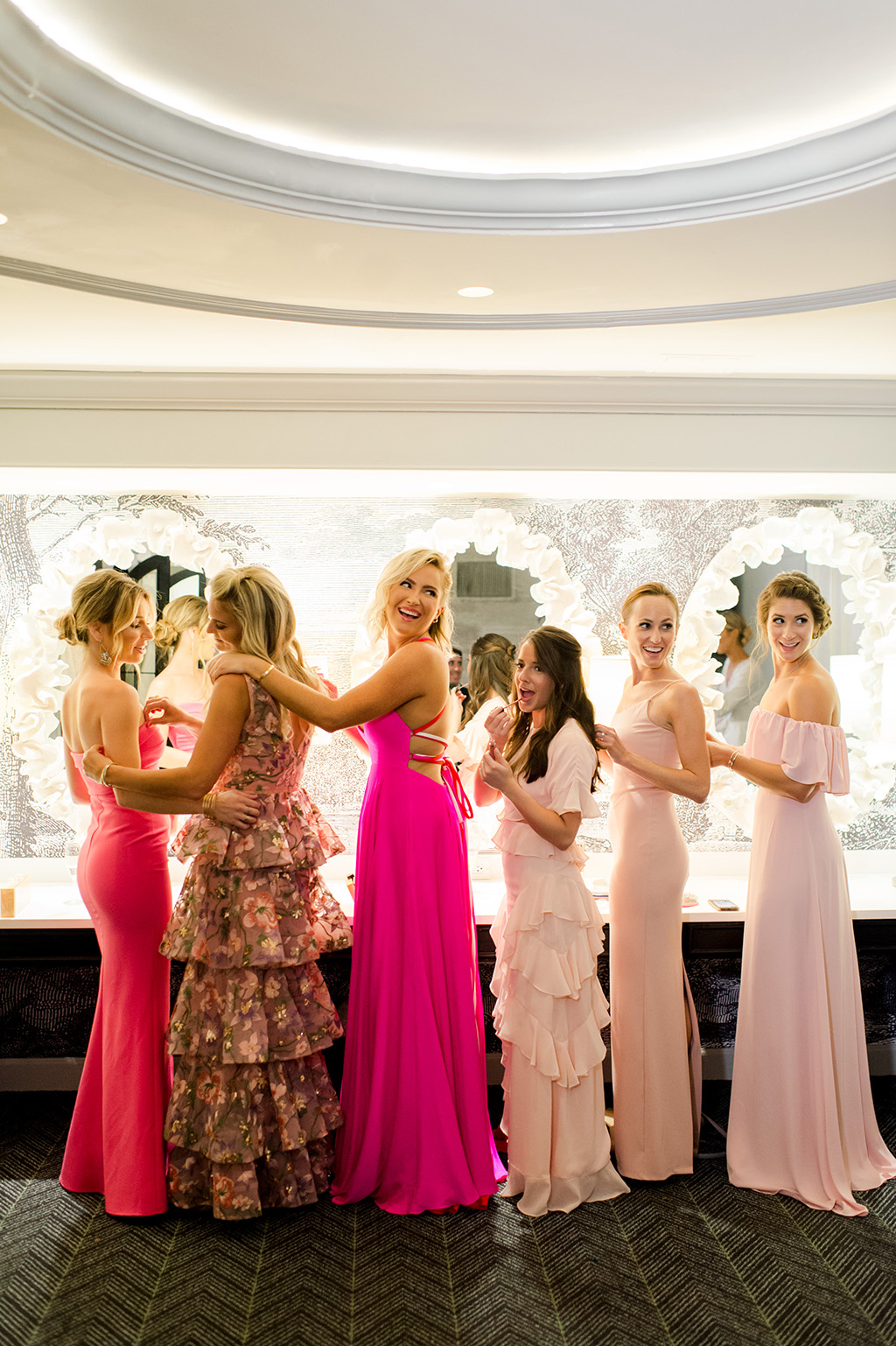 mix-and-match bridesmaids gowns pink bridal party pink bridesmaids gowns abby jiu Elizabeth Caccia Michael Kelly