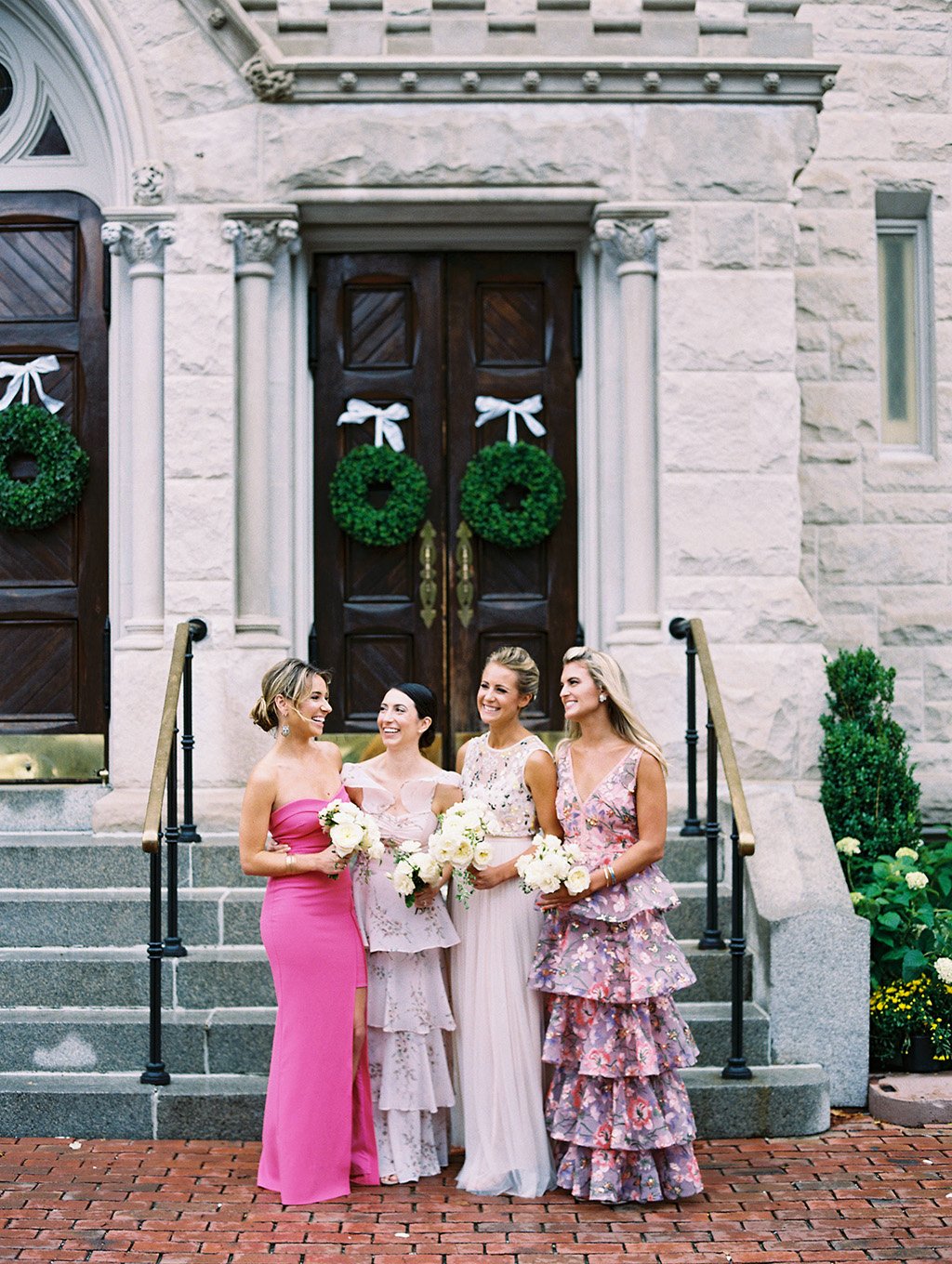 mix-and-match bridesmaids gowns pink bridal party pink bridesmaids gowns abby jiu Elizabeth Caccia Michael Kelly