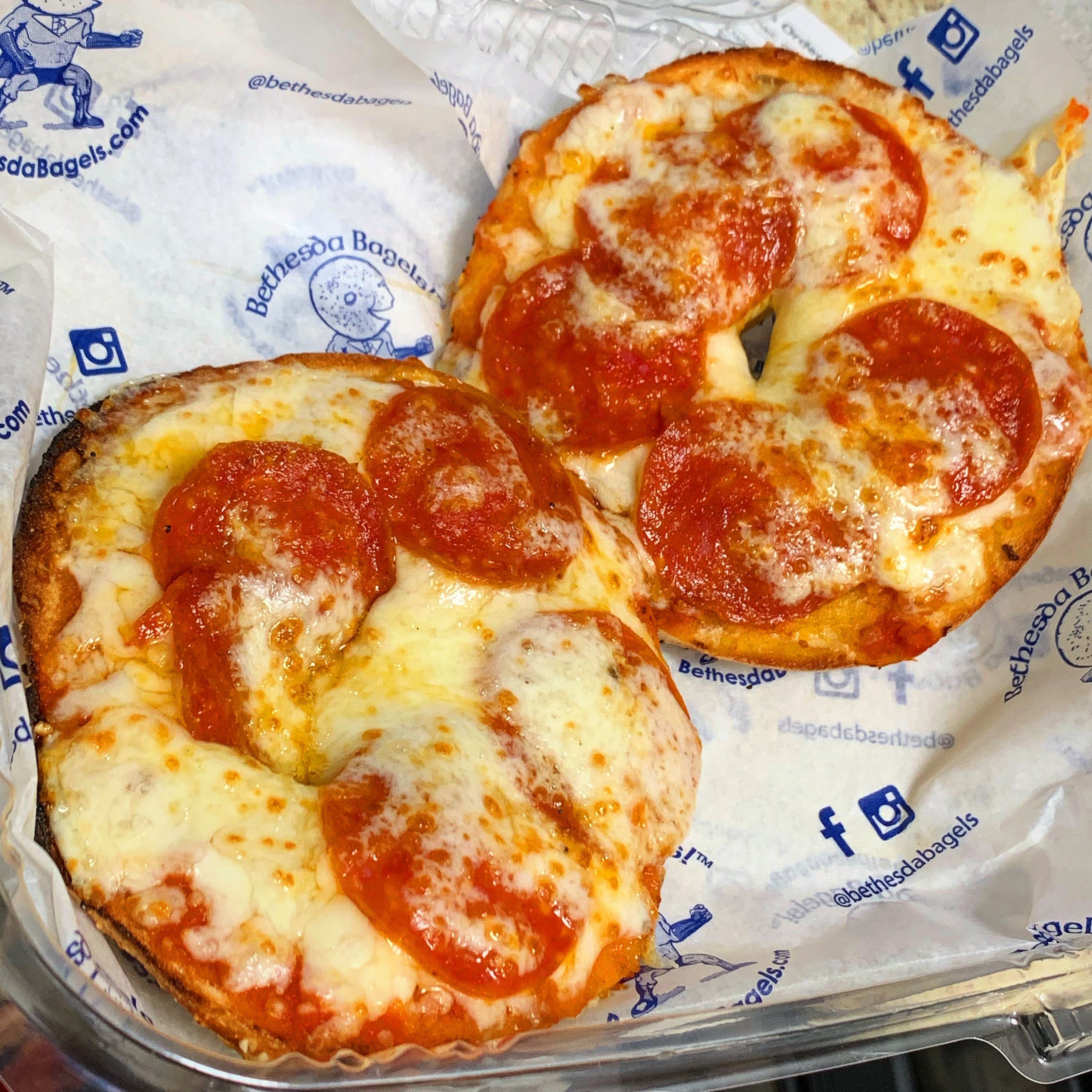 Bethesda Bagels' pepperoni pizza bagel. Photograph courtesy of Bethesda Bagels. 