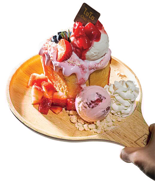 Chai-Yo - Washingtonian Chai-Yo honey toast with strawberries, milky strawberry sauce, and vanilla ice cream